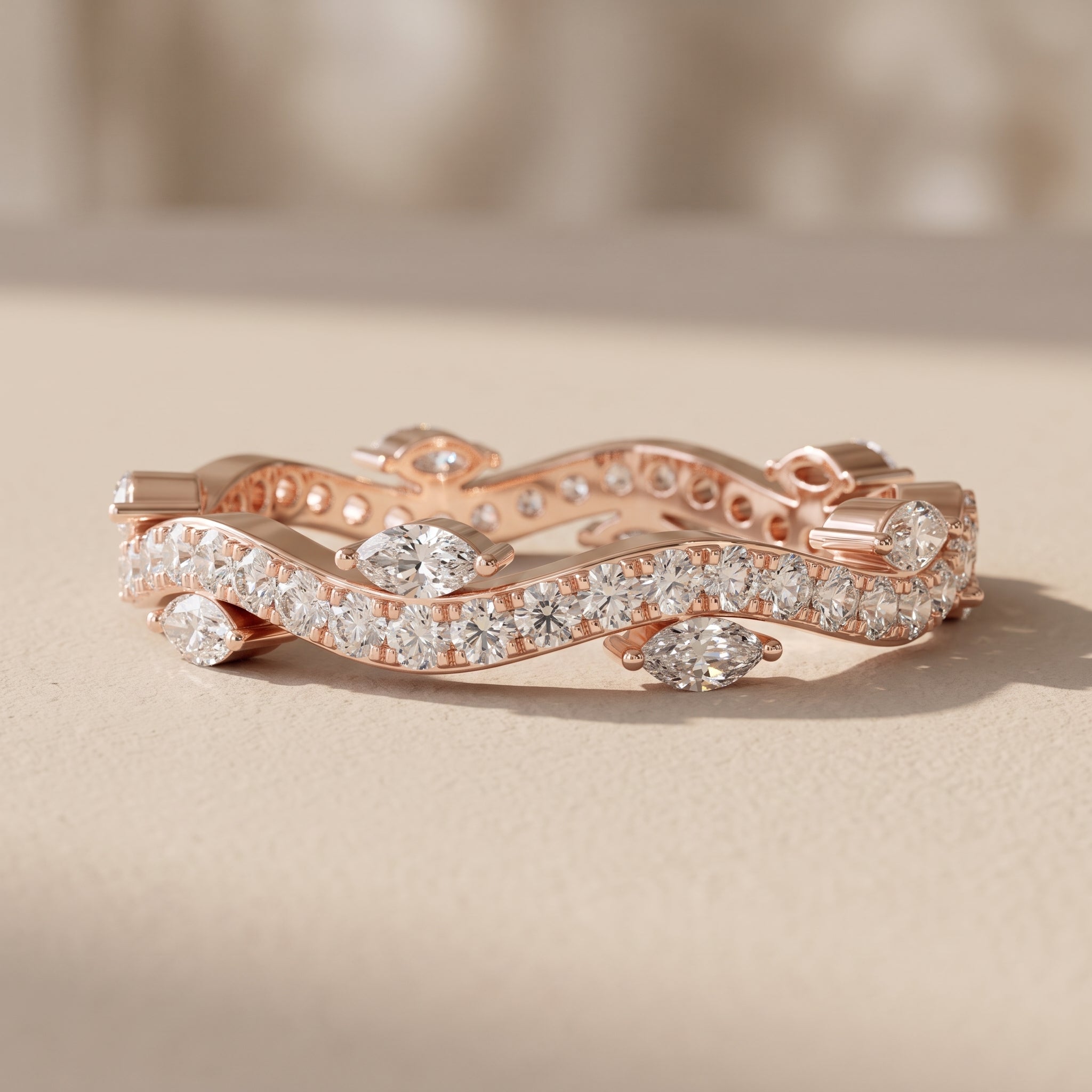 Rose Gold Marquise & Round Moissanite Curved Wedding Band