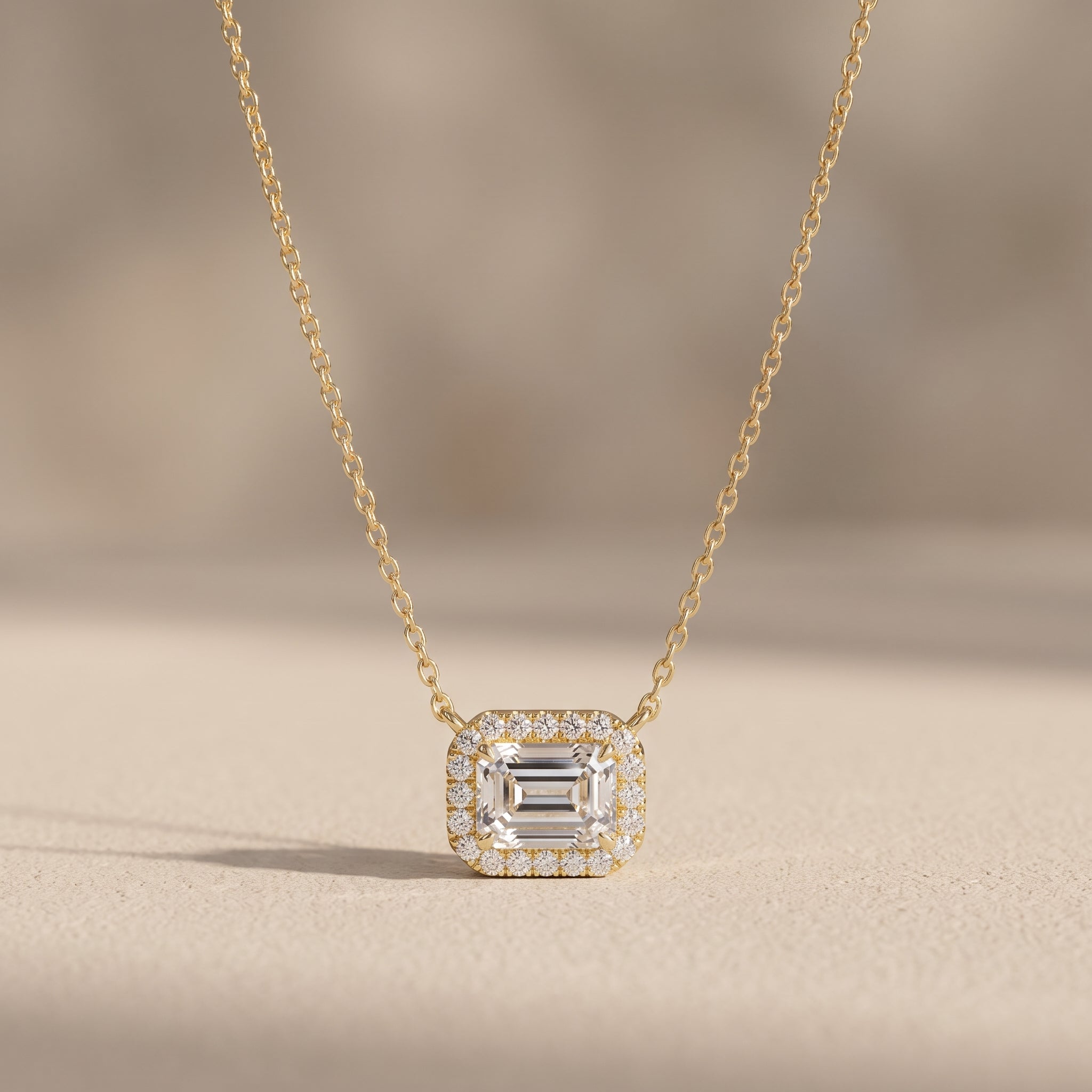 Yellow Gold Emerald Cut Moissanite Halo Pendant Necklace