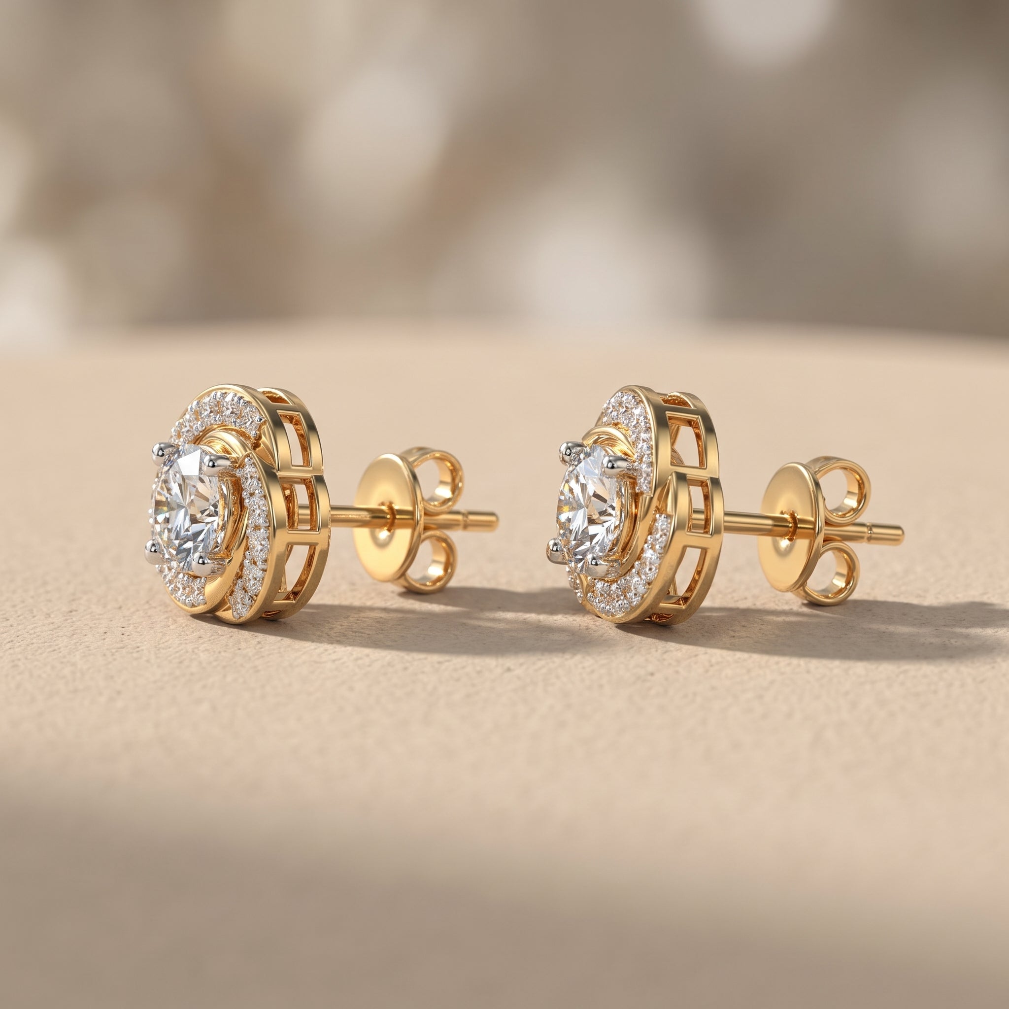 Yellow Gold Round Moissanite Stud Earrings with Swirl Halo Design