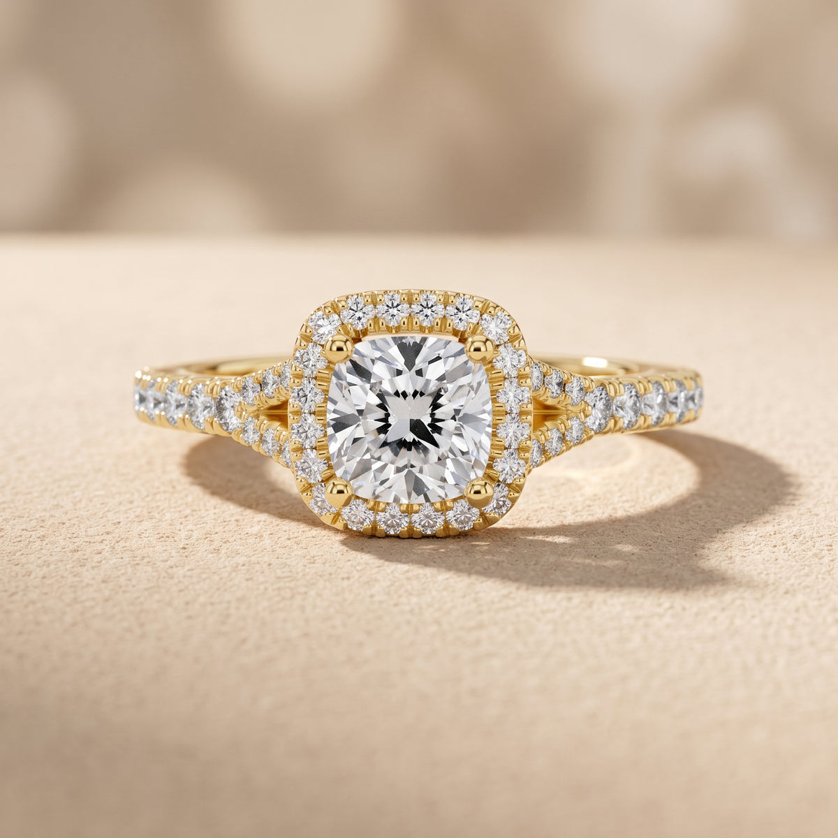 Yellow Gold Cushion Cut Moissanite Halo Engagement Ring