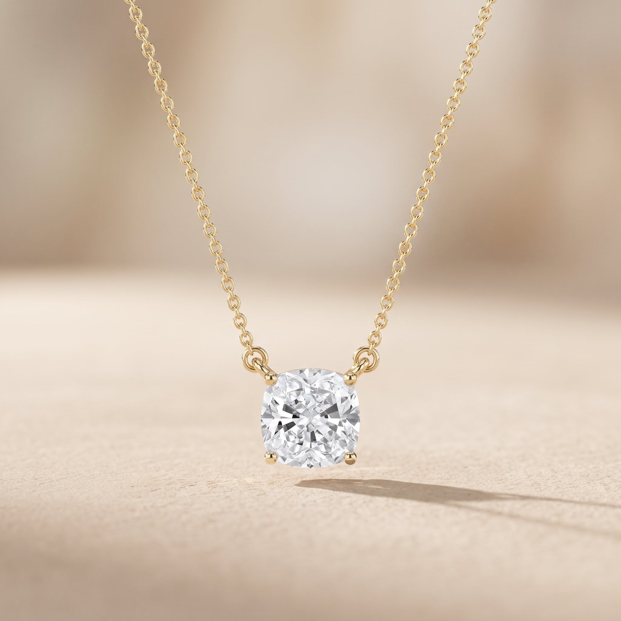 Yellow Gold Cushion Cut Moissanite Solitaire Pendant Necklace
