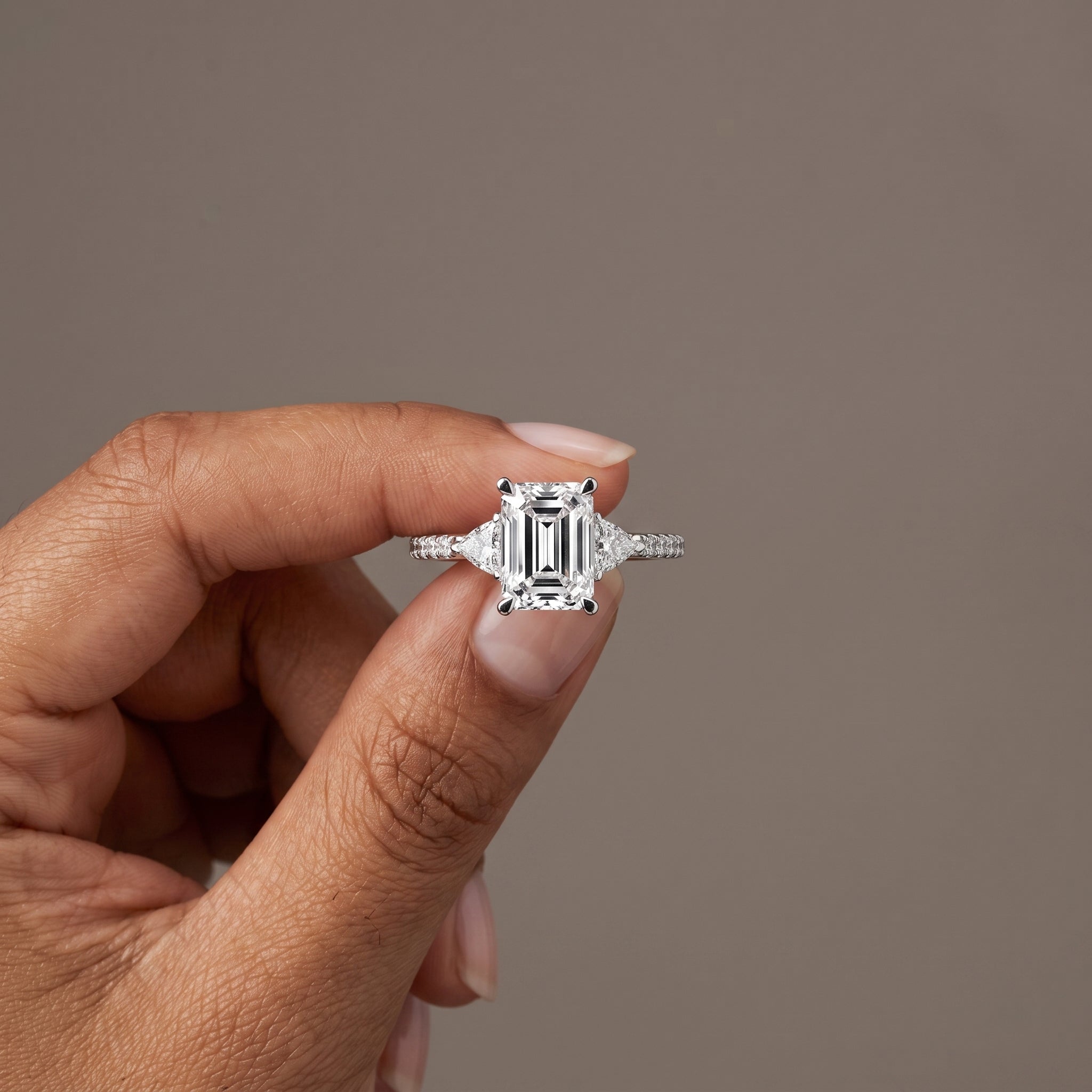 White Metal Emerald Cut Moissanite Three-Stone Engagement Ring