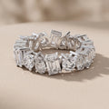 White Metal Alternating Emerald, Pear & Round Moissanite Eternity Band Ring