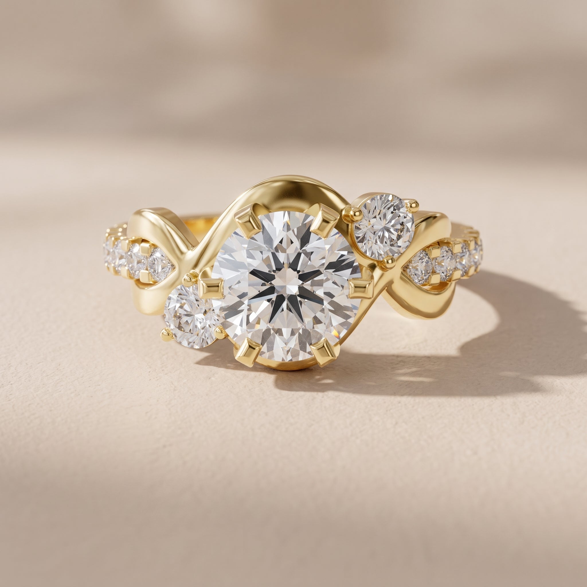 Yellow Gold Round Moissanite Twisted Three-Stone Engagement Ring