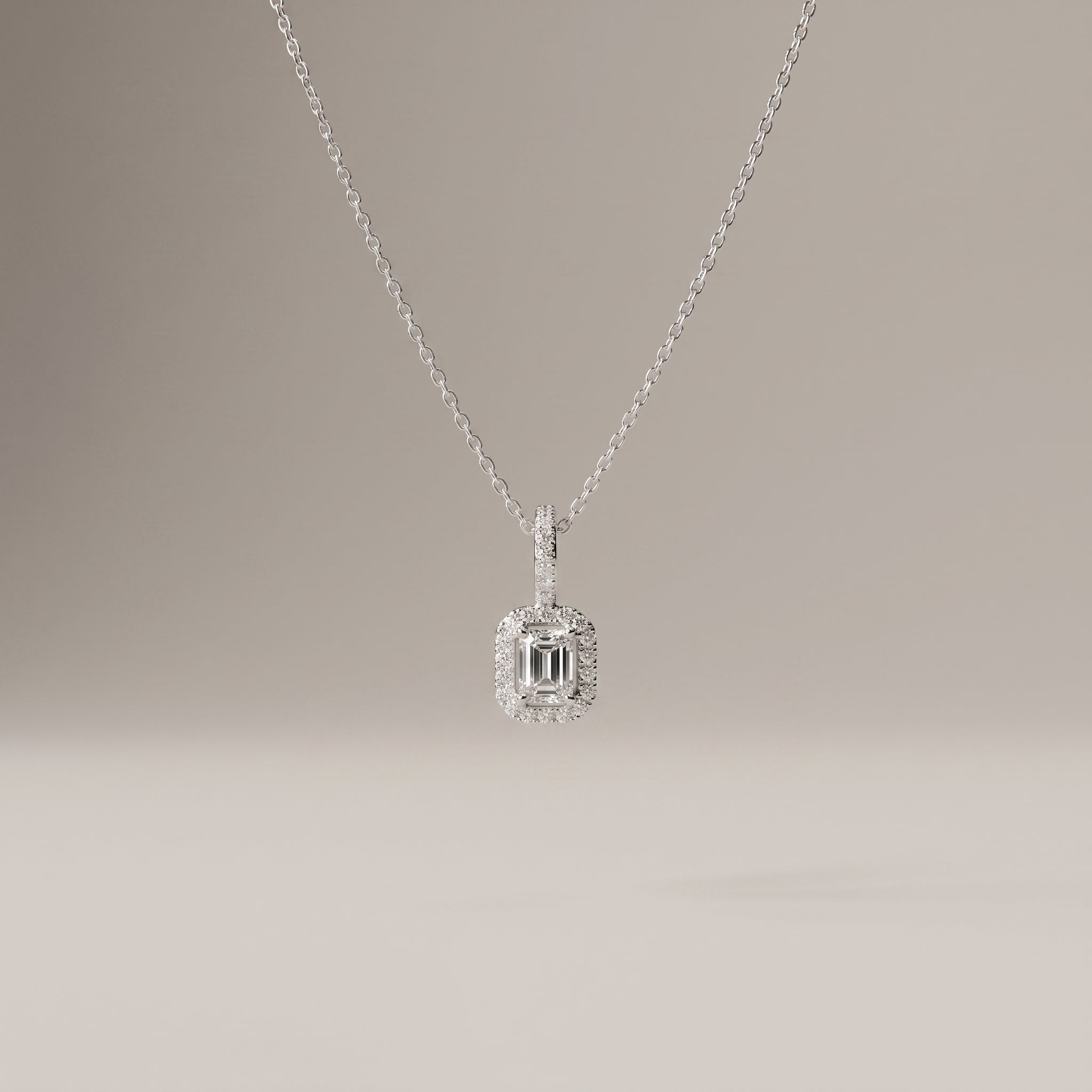 White Gold Emerald Cut Moissanite Halo Pendant Necklace