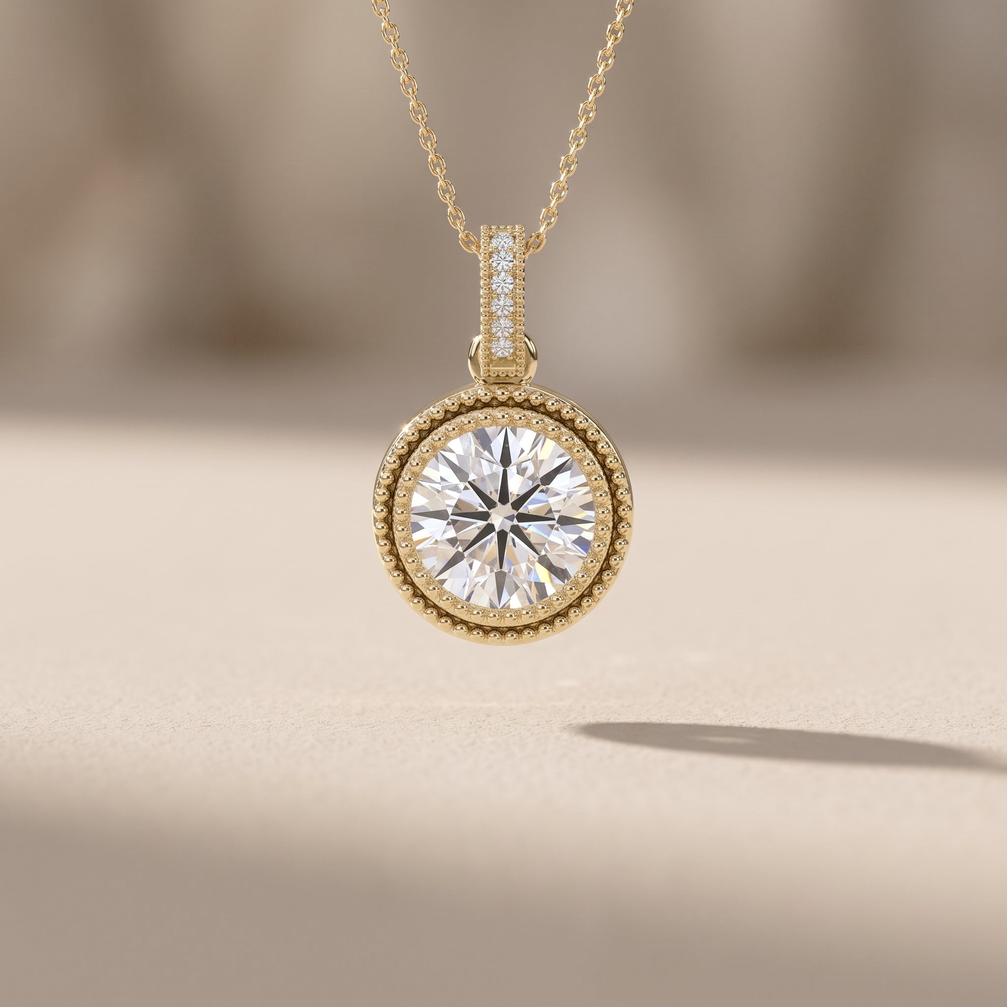 Yellow Gold Round Moissanite Bezel Pendant Necklace