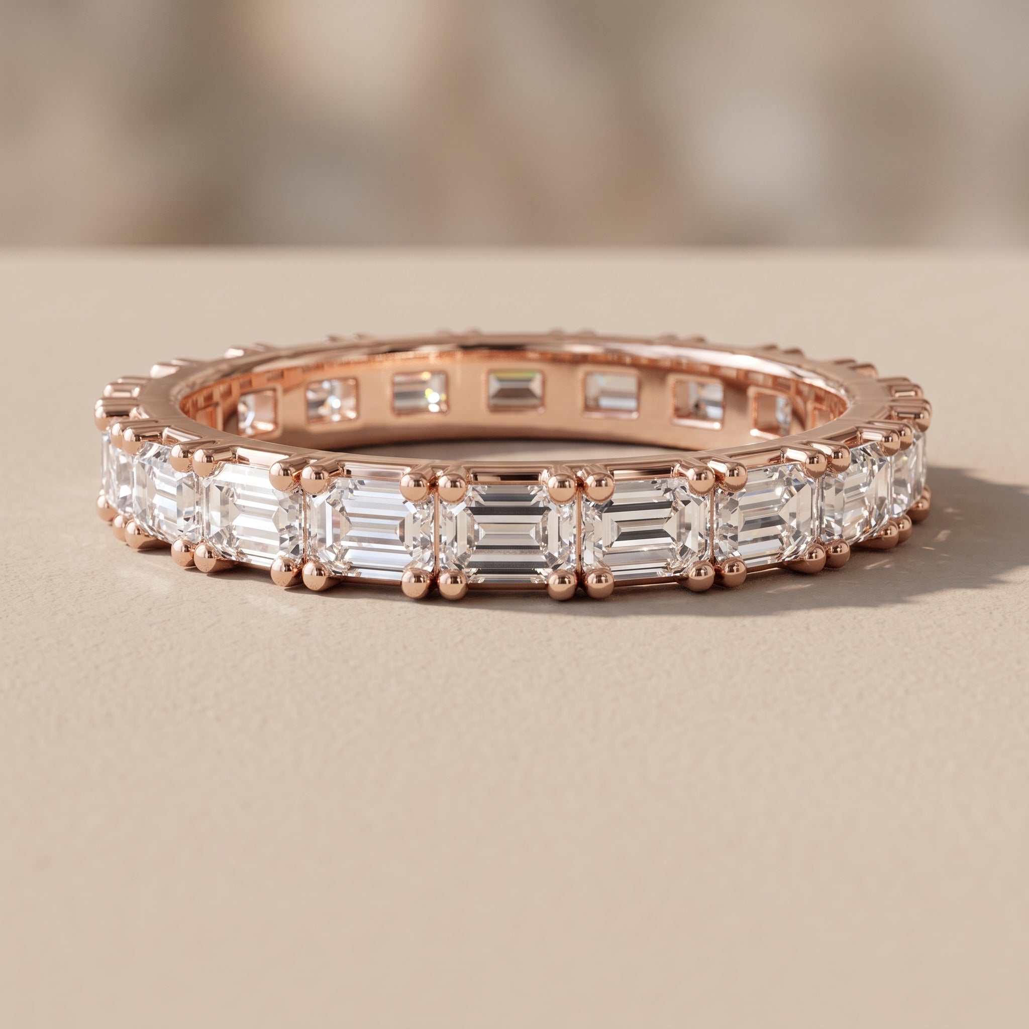 Rose Gold Emerald Cut Moissanite Eternity Band Ring