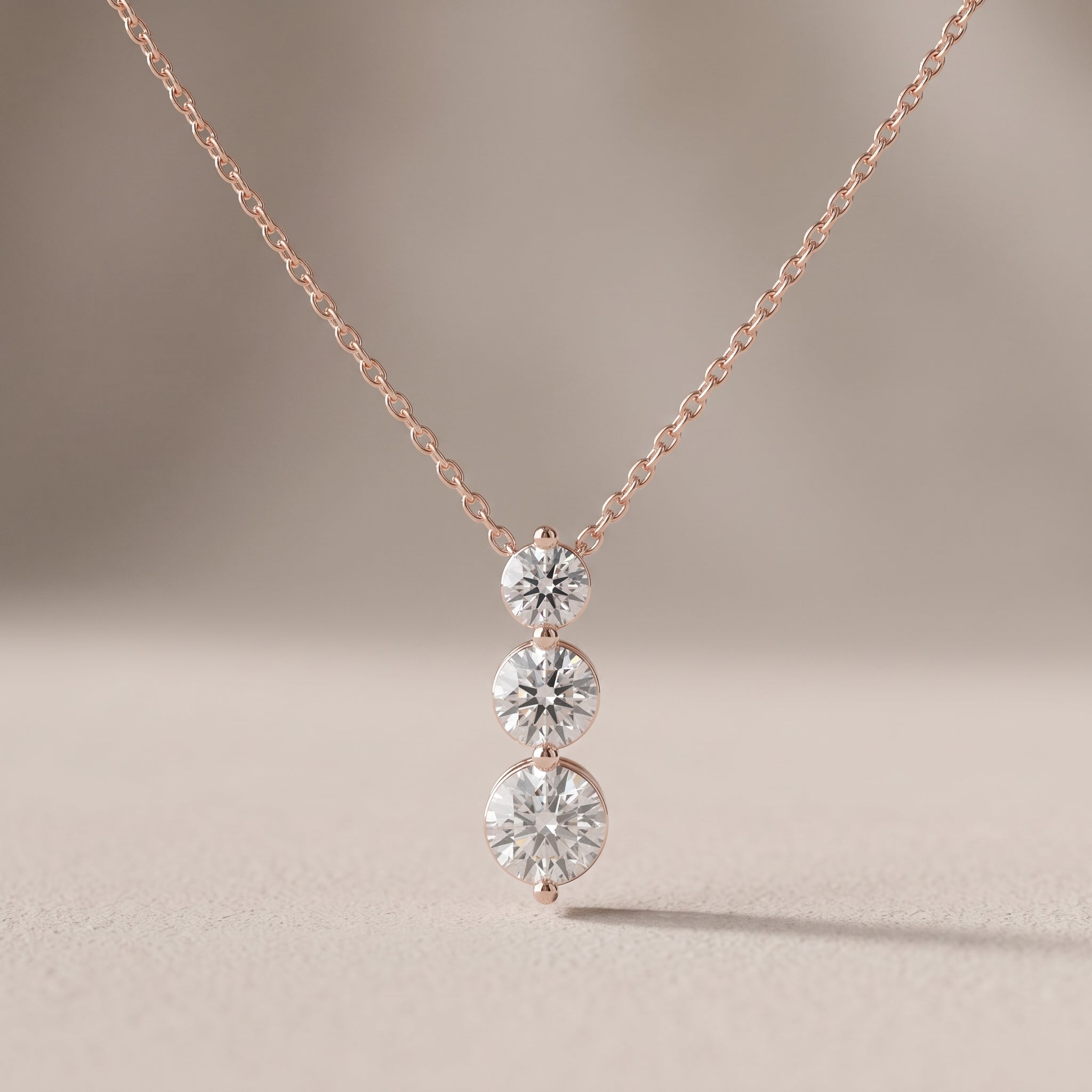 Rose Gold Round Moissanite Three Stone Drop Pendant Necklace