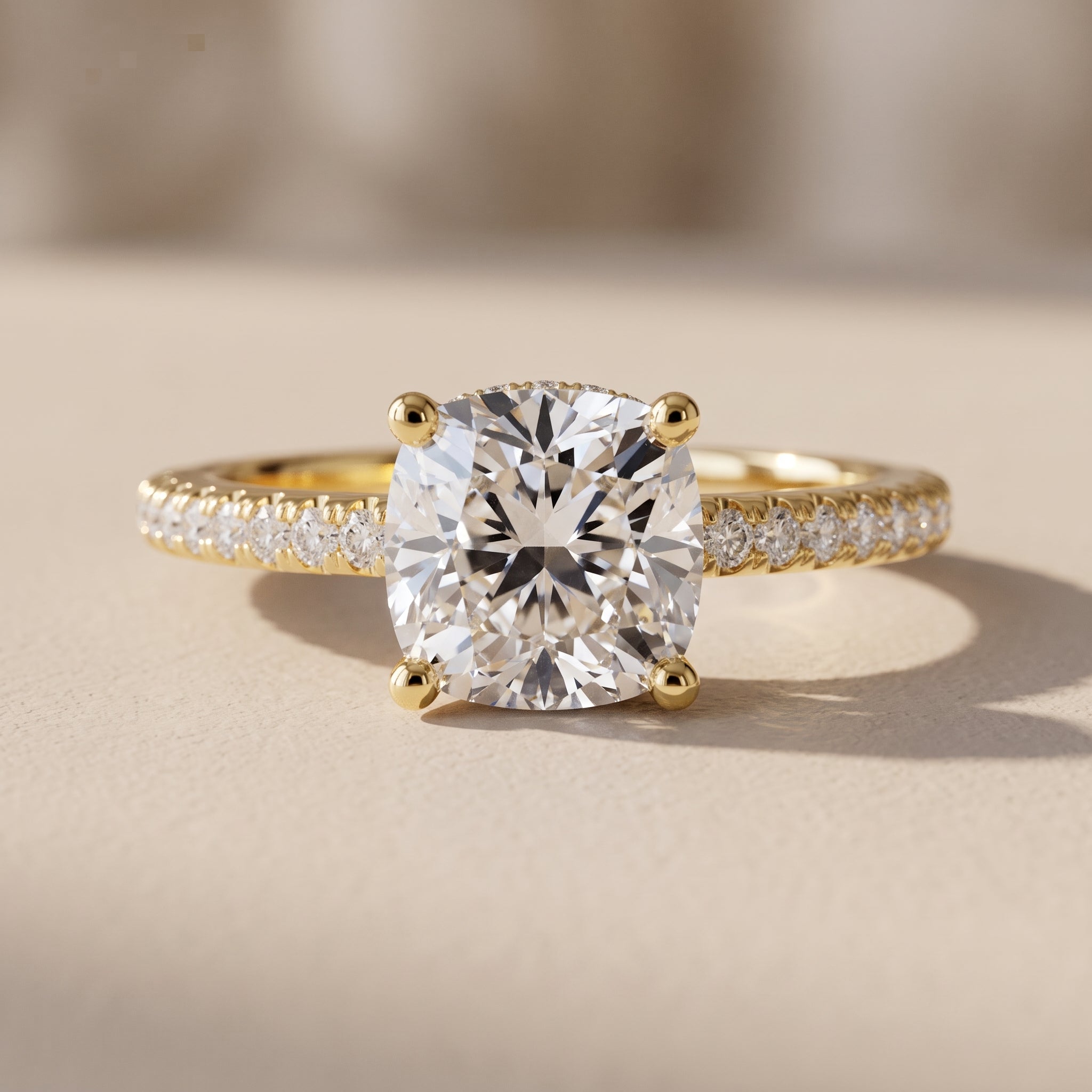 Yellow Gold Cushion Cut Moissanite Engagement Ring with Pavé Band