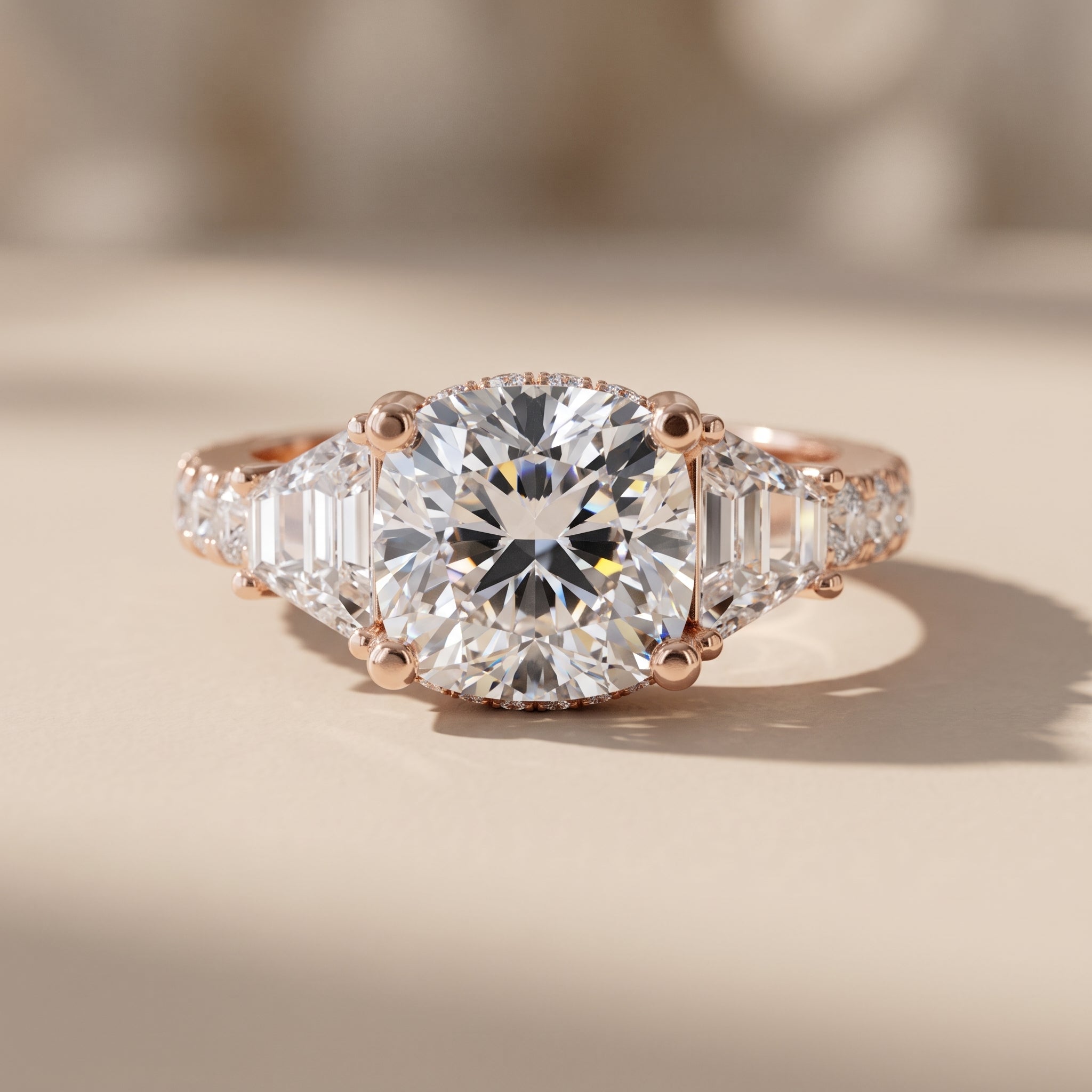 Rose Gold Round Moissanite Engagement Ring with Tapered Side Stones