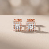Rose Gold Princess Cut Moissanite Stud Earrings with Halo