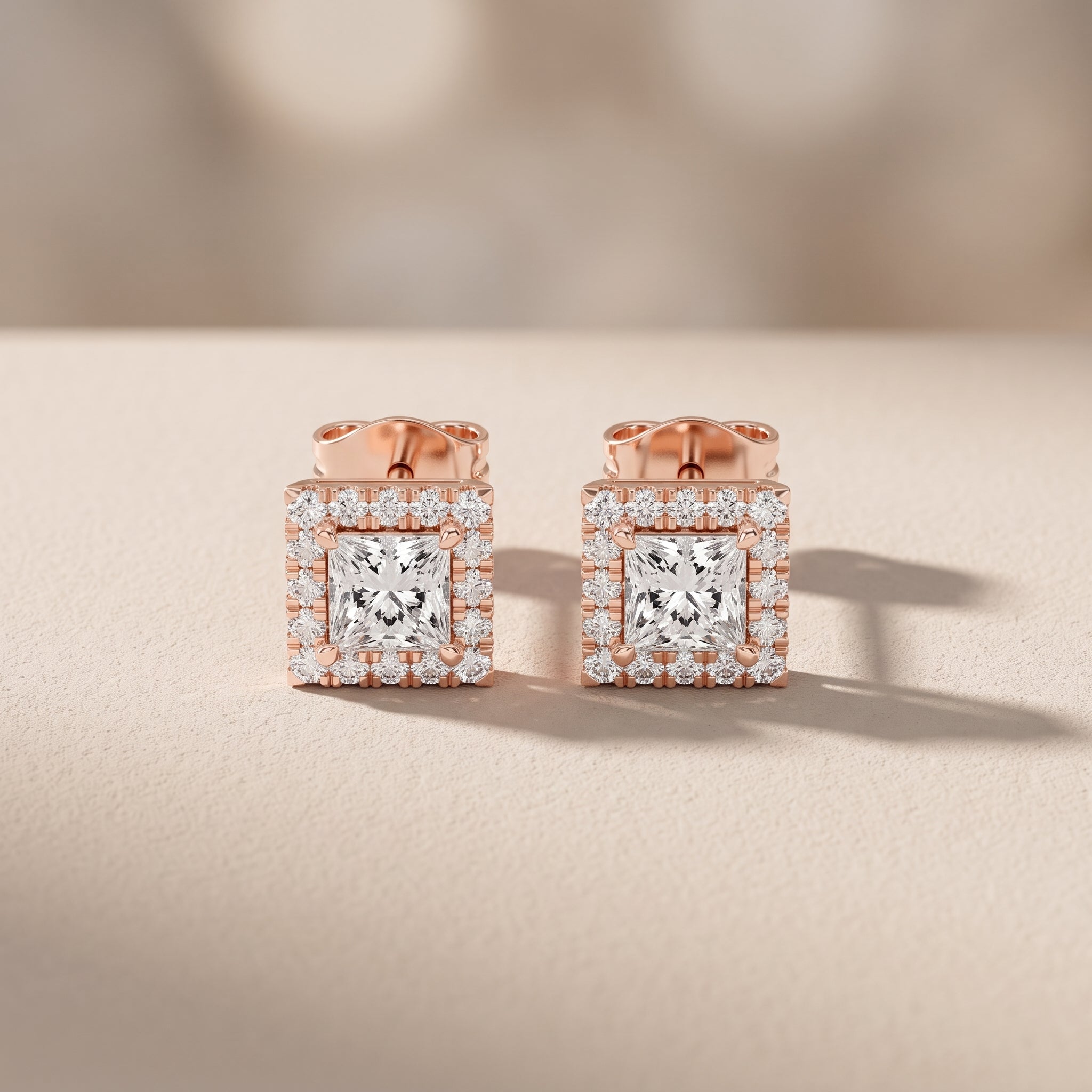 Rose Gold Princess Cut Moissanite Stud Earrings with Halo