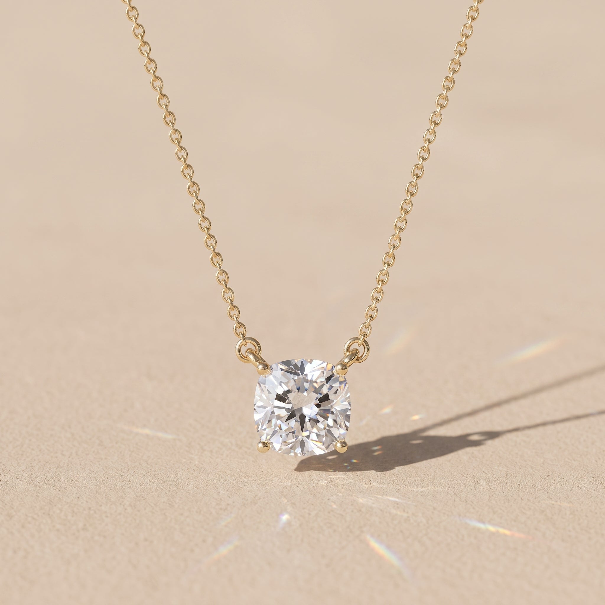 Yellow Gold Cushion Cut Moissanite Solitaire Pendant Necklace