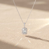 White Gold Emerald Cut Moissanite Halo Pendant Necklace