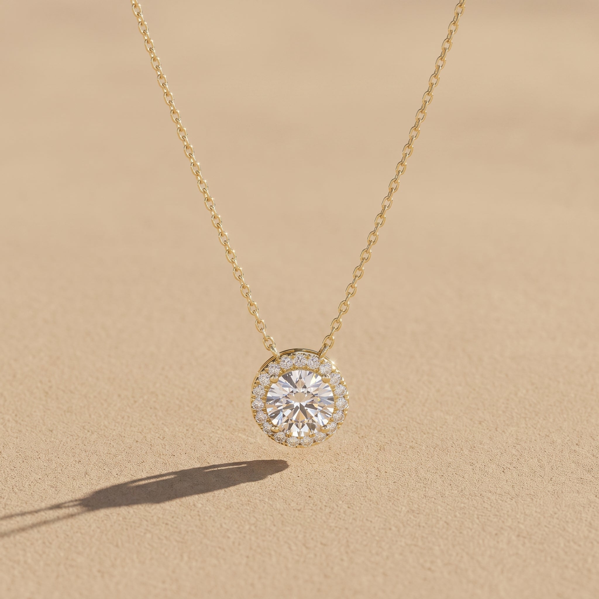 Yellow Gold Round Moissanite Halo Pendant Necklace
