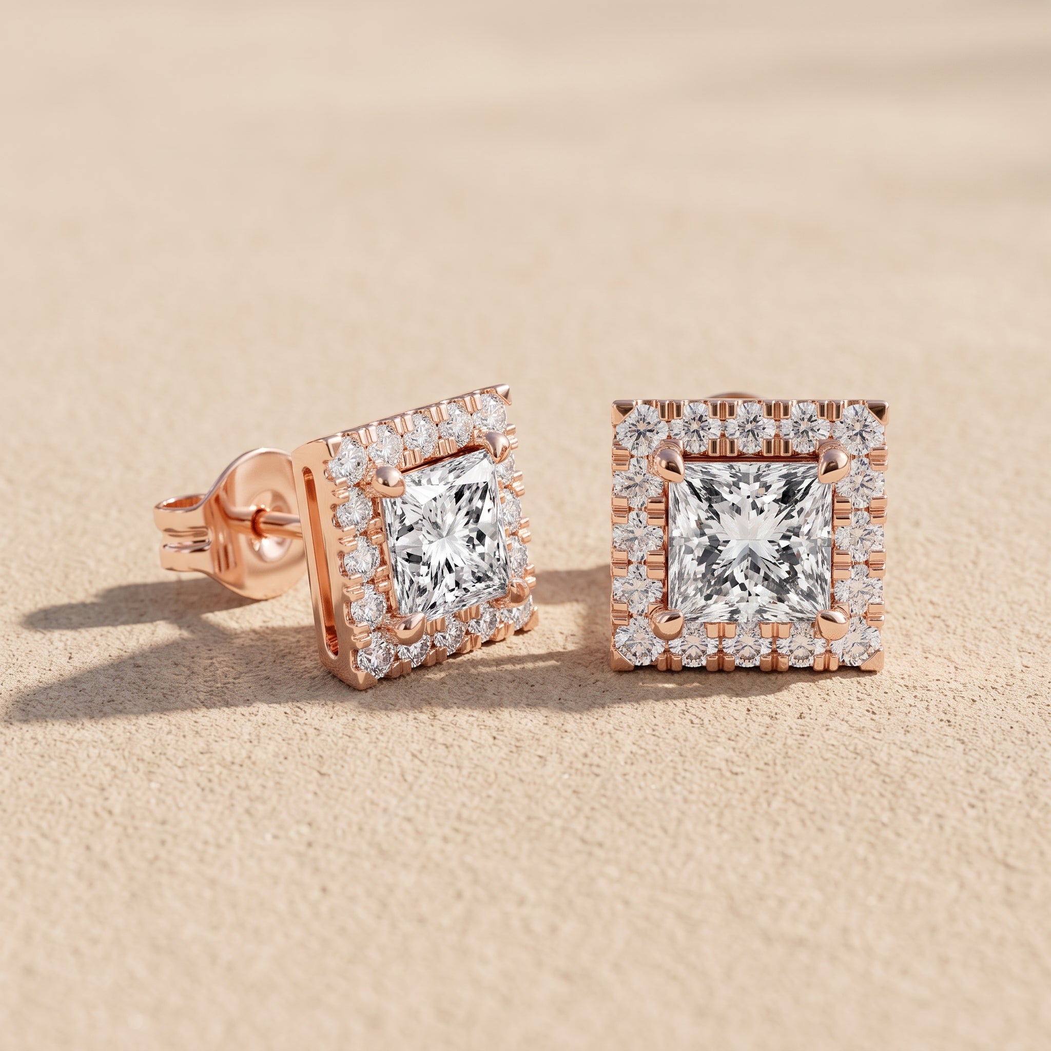 Rose Gold Princess Cut Moissanite Stud Earrings with Halo