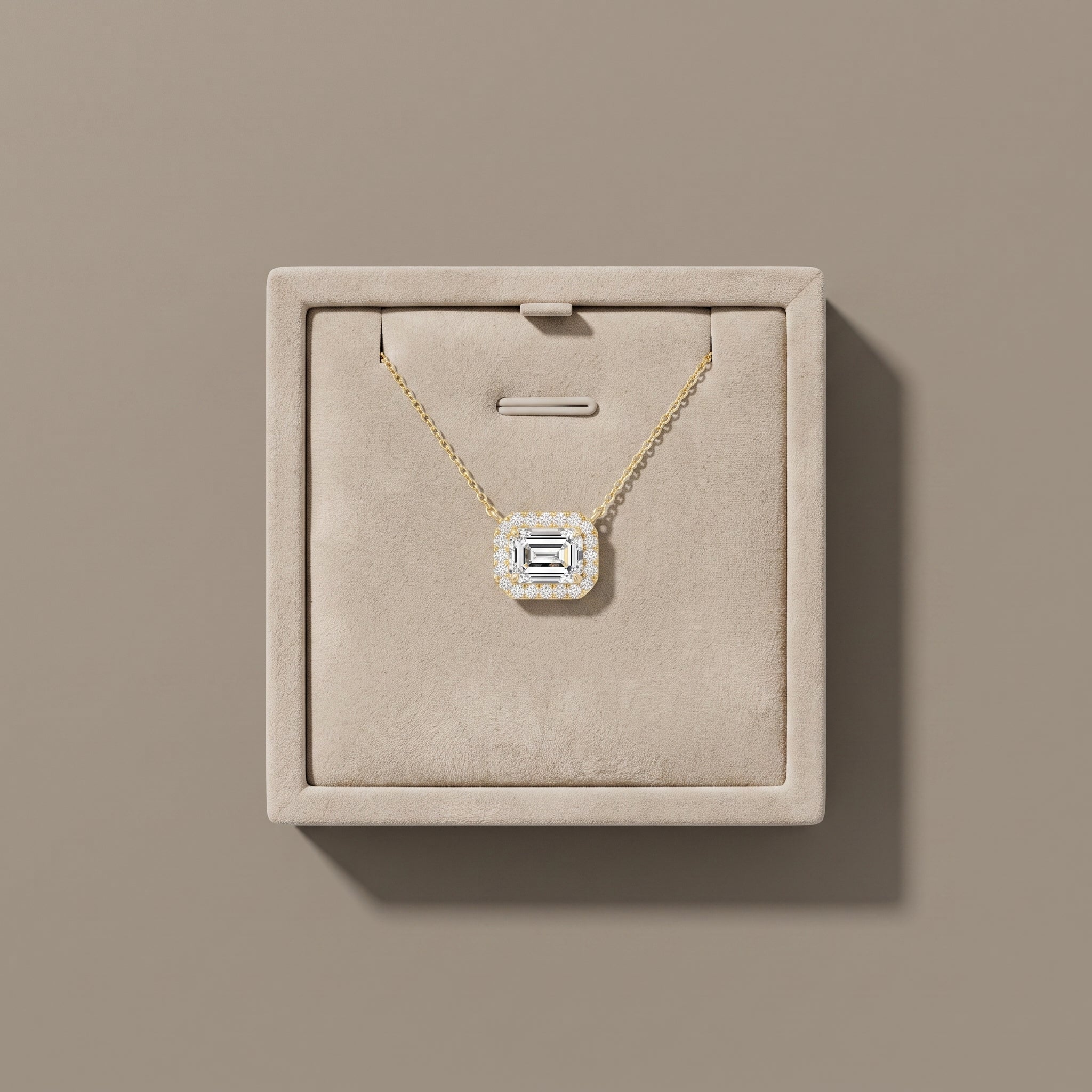 Yellow Gold Emerald Cut Moissanite Halo Pendant Necklace