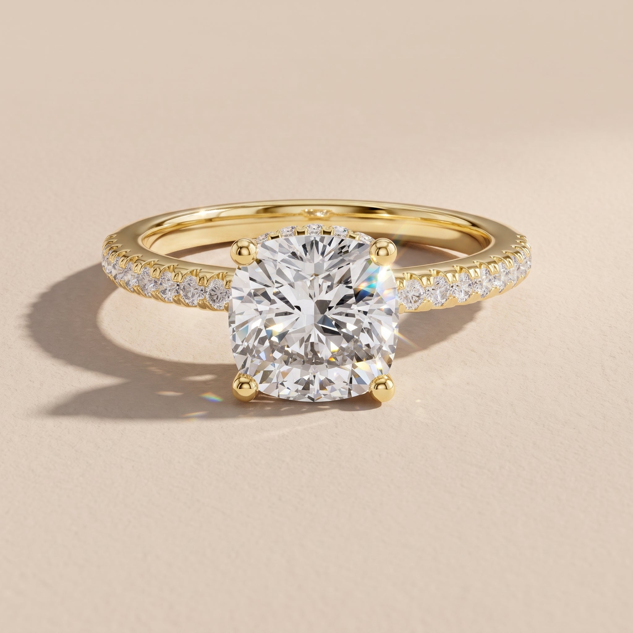 Yellow Gold Cushion Cut Moissanite Engagement Ring with Pavé Band
