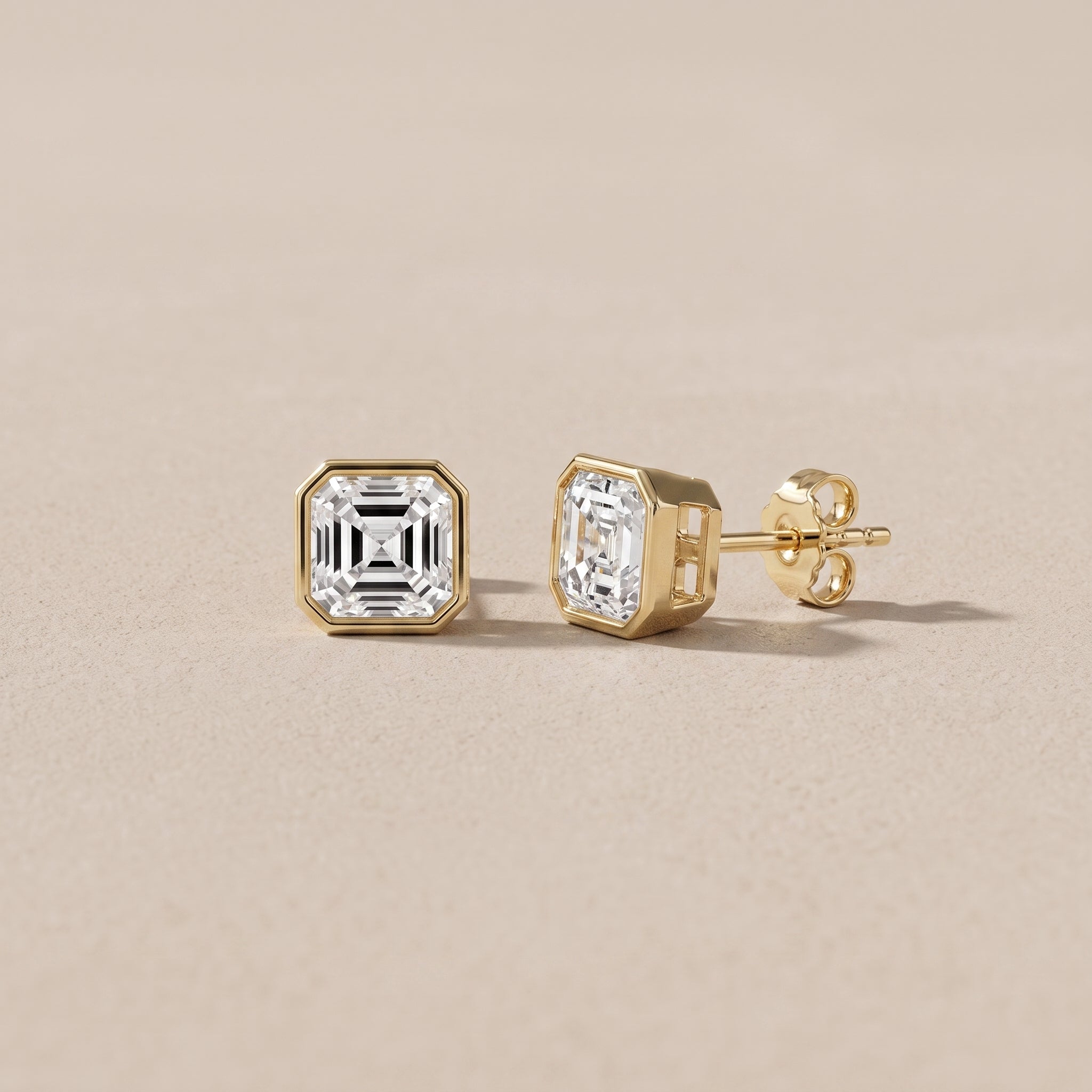 Yellow Gold Asscher Cut Moissanite Stud Earrings