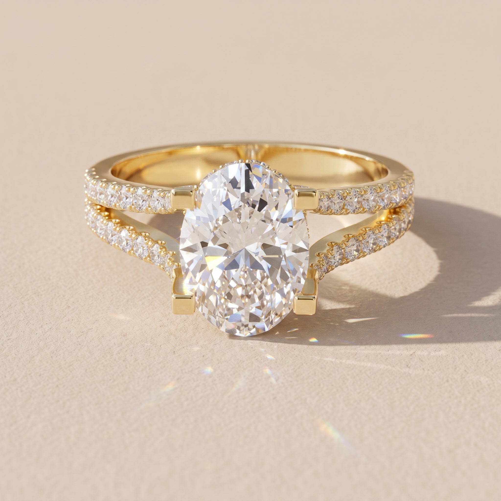 Yellow Gold Oval Cut Moissanite Split Shank Engagement Ring