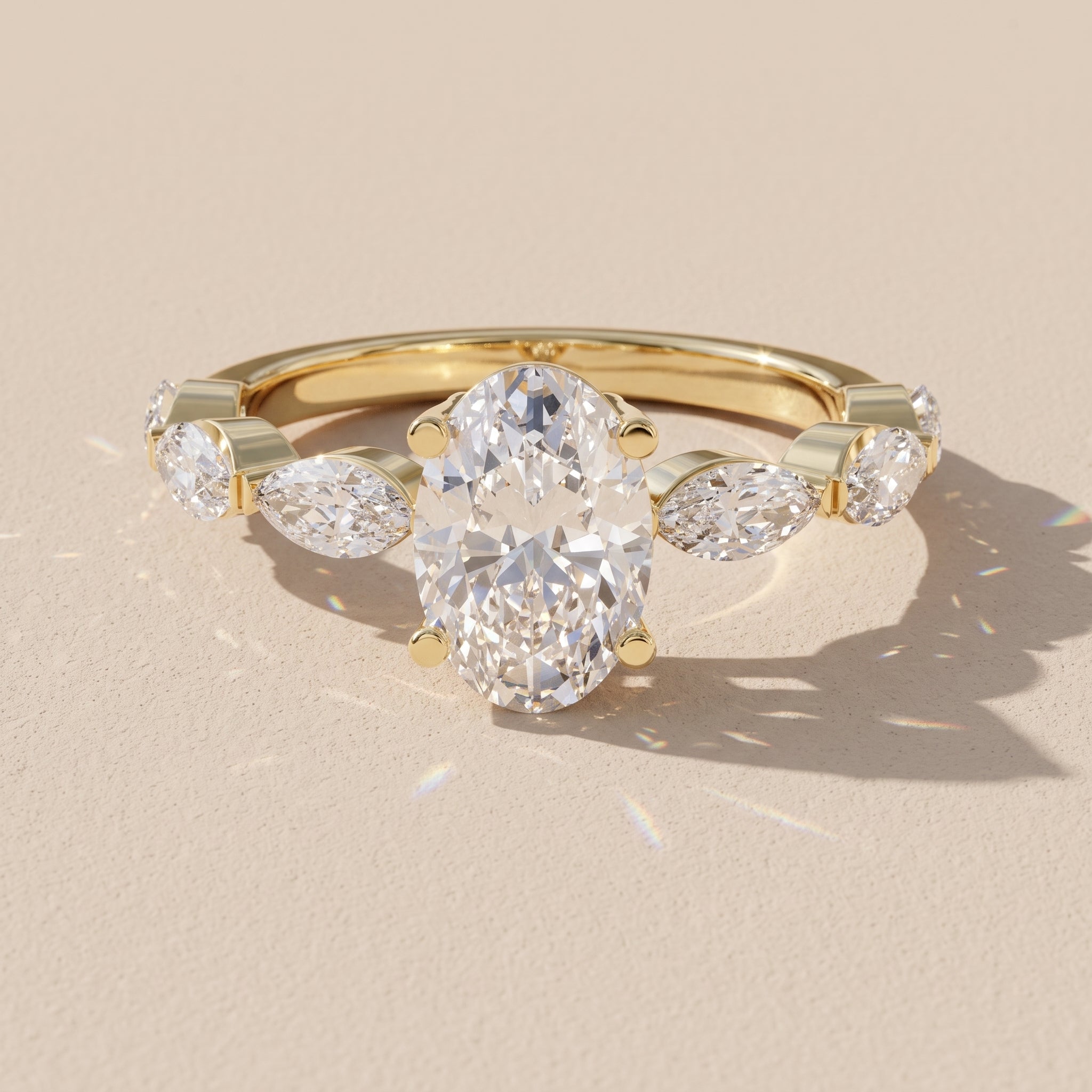 Yellow Gold Oval Moissanite Engagement Ring with Marquise Accents