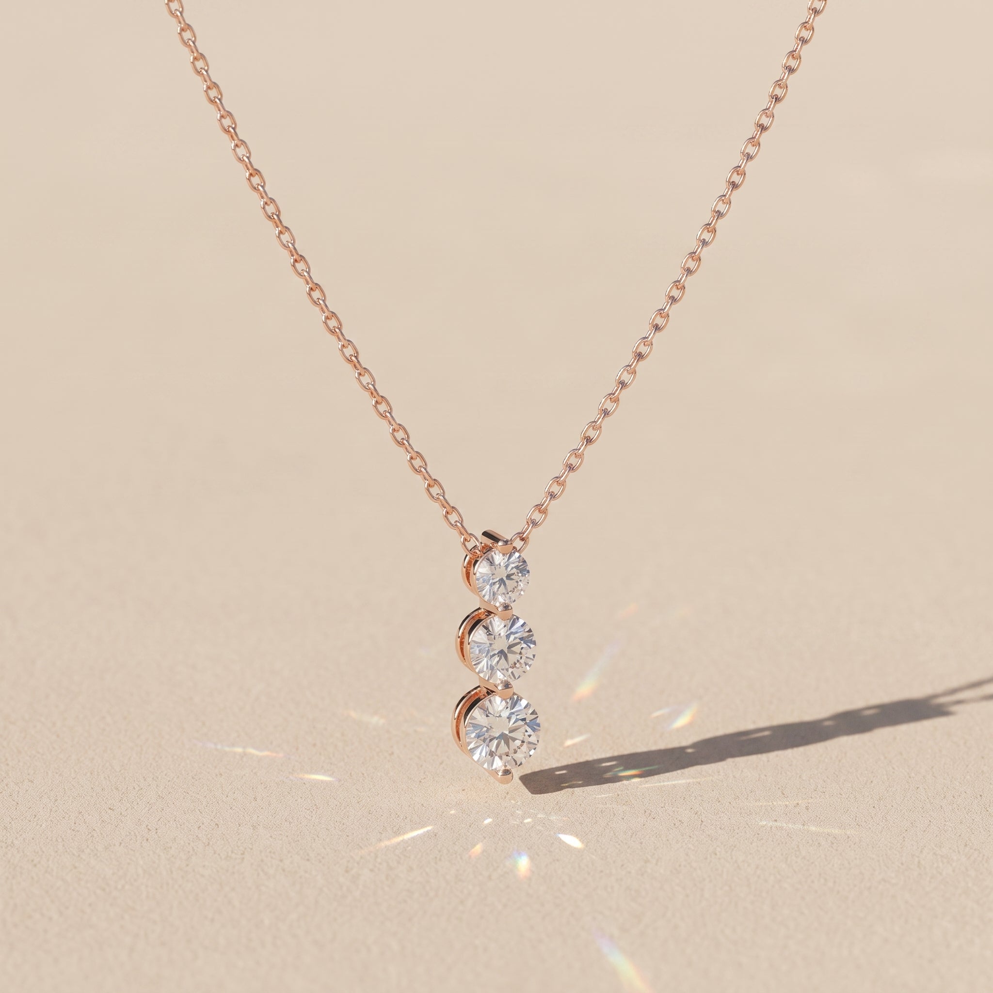 Rose Gold Round Moissanite Three Stone Drop Pendant Necklace