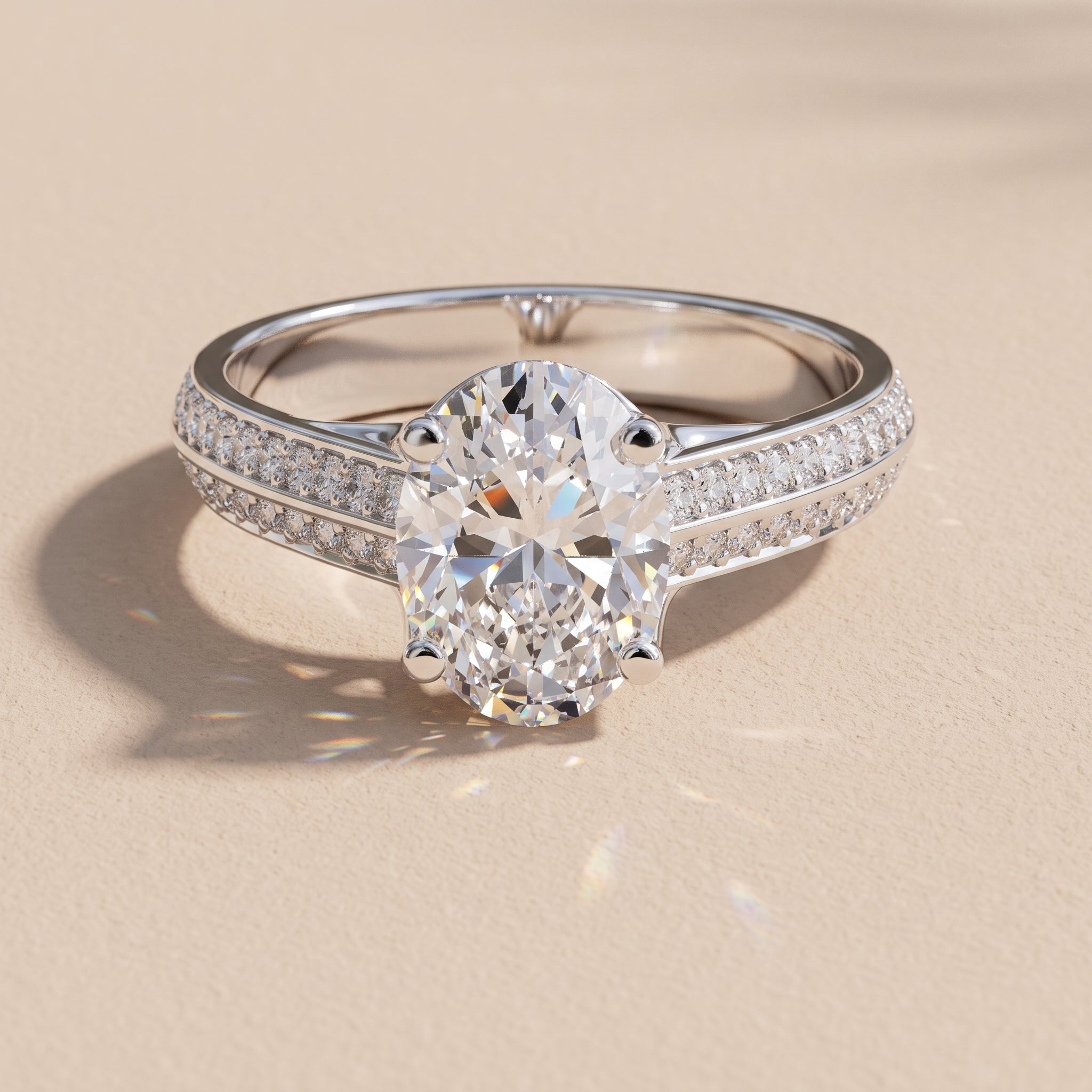 White Gold Oval Cut Moissanite Engagement Ring with Pavé Band