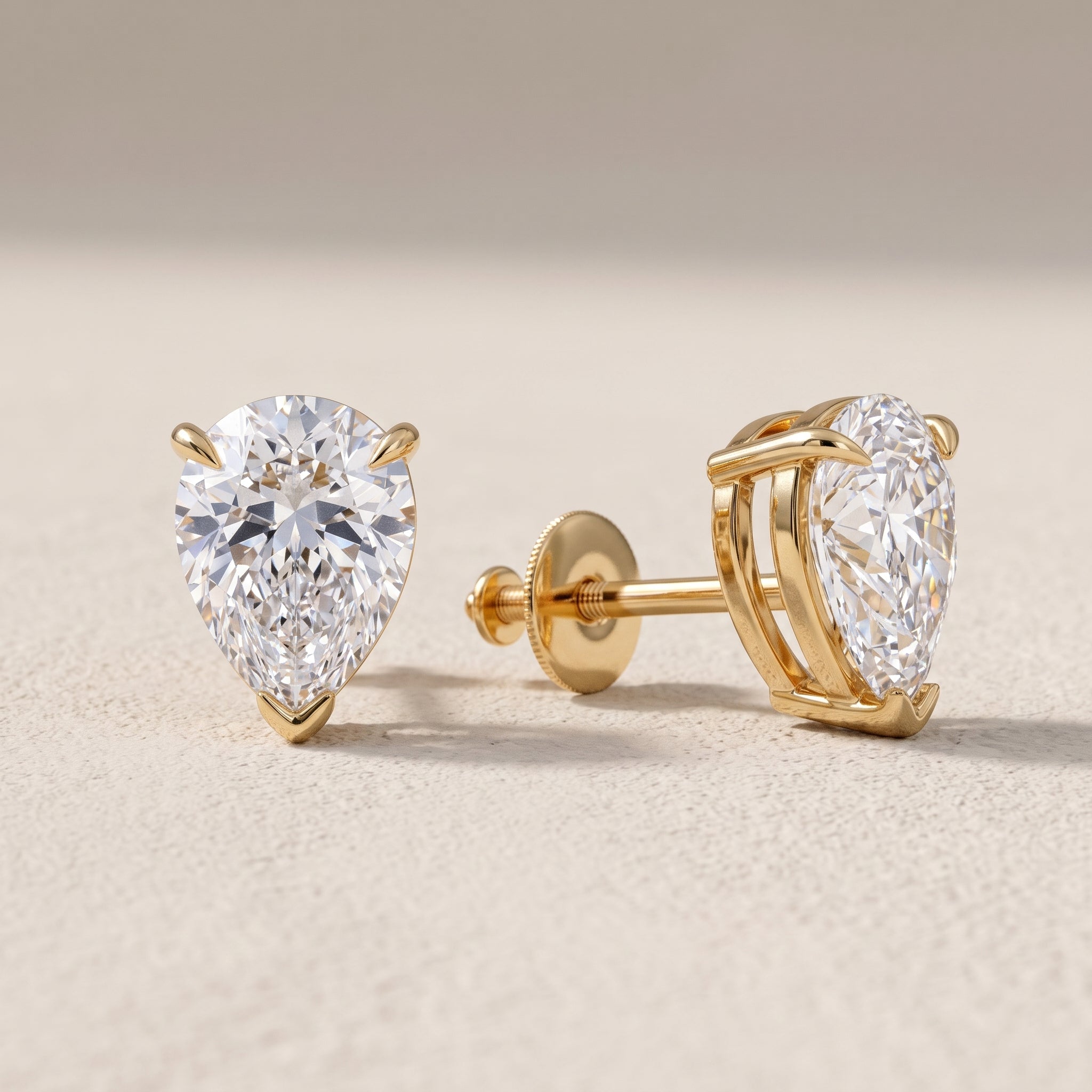 Yellow Gold Pear Cut Moissanite Stud Earrings with Screw Back