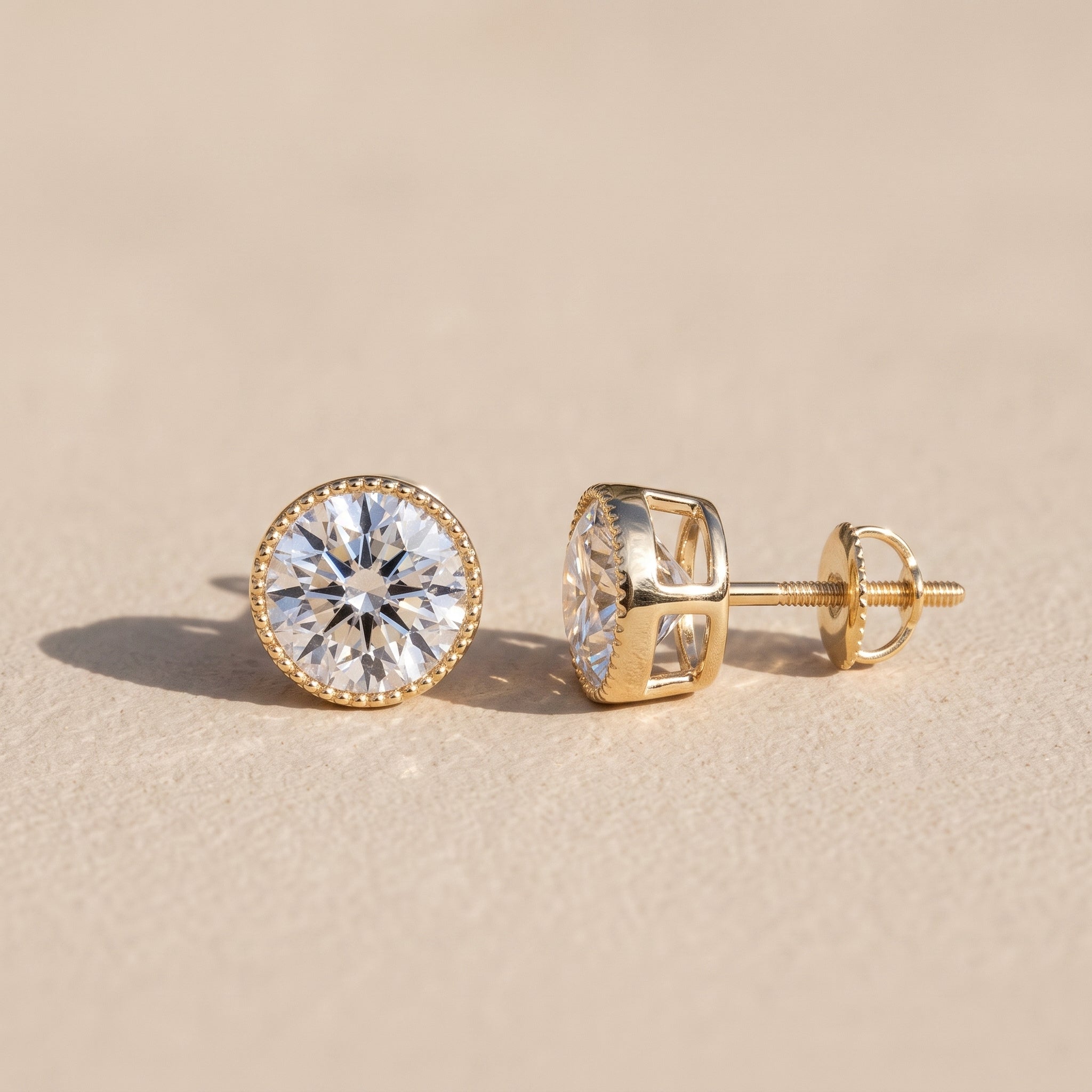 Yellow Gold Round Moissanite Stud Earrings