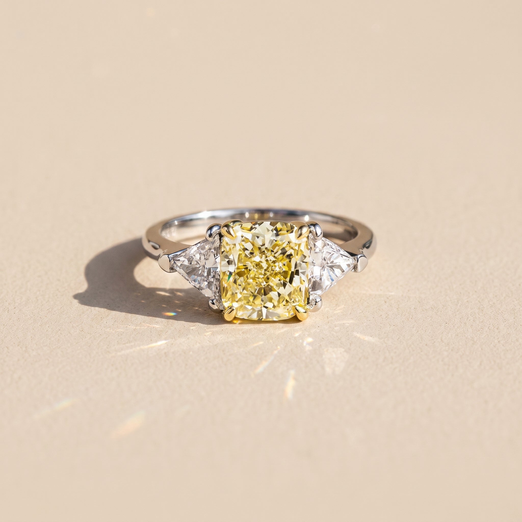 White Gold Cushion Cut Yellow Moissanite Three Stone Ring