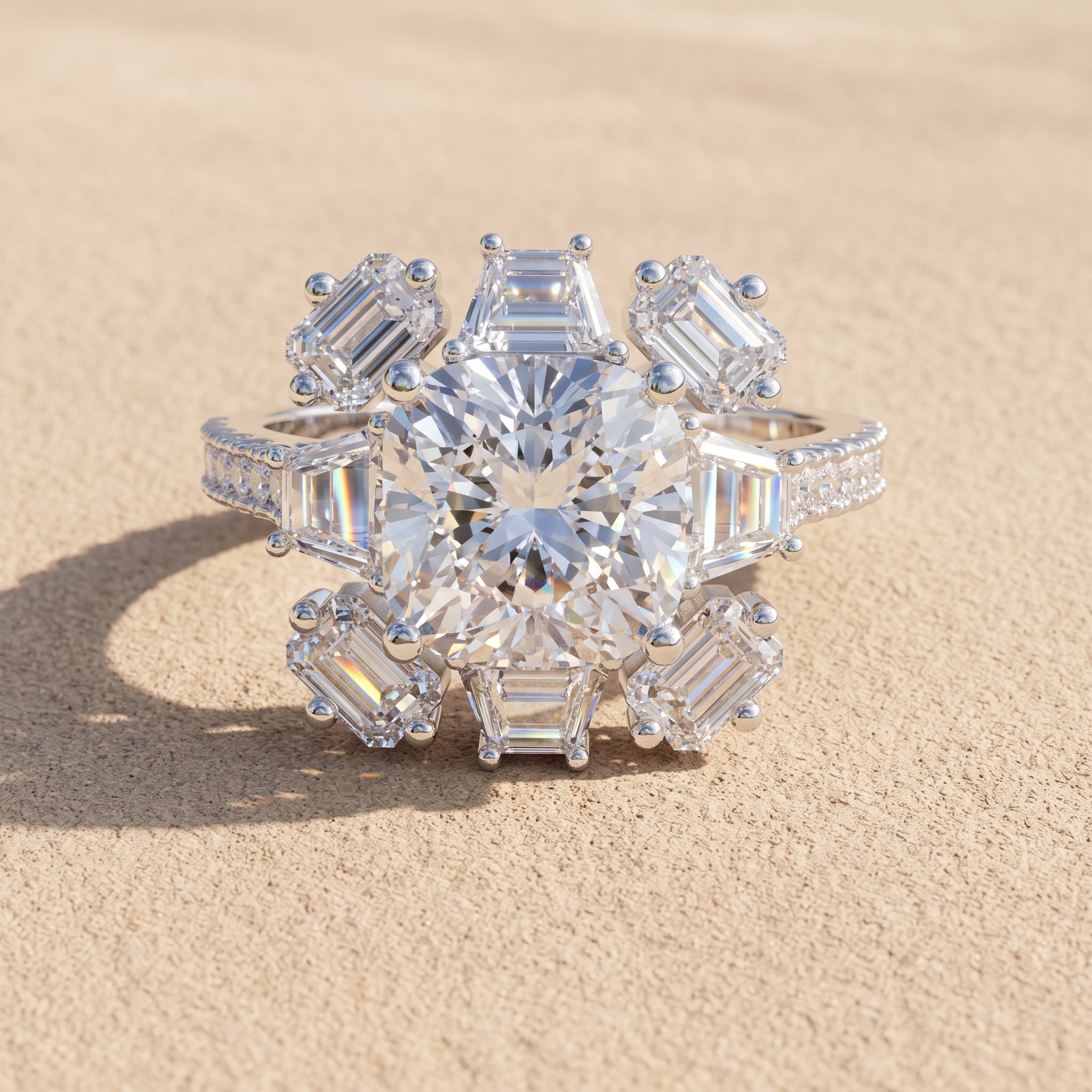 White Gold Round Moissanite Floral Halo Engagement Ring