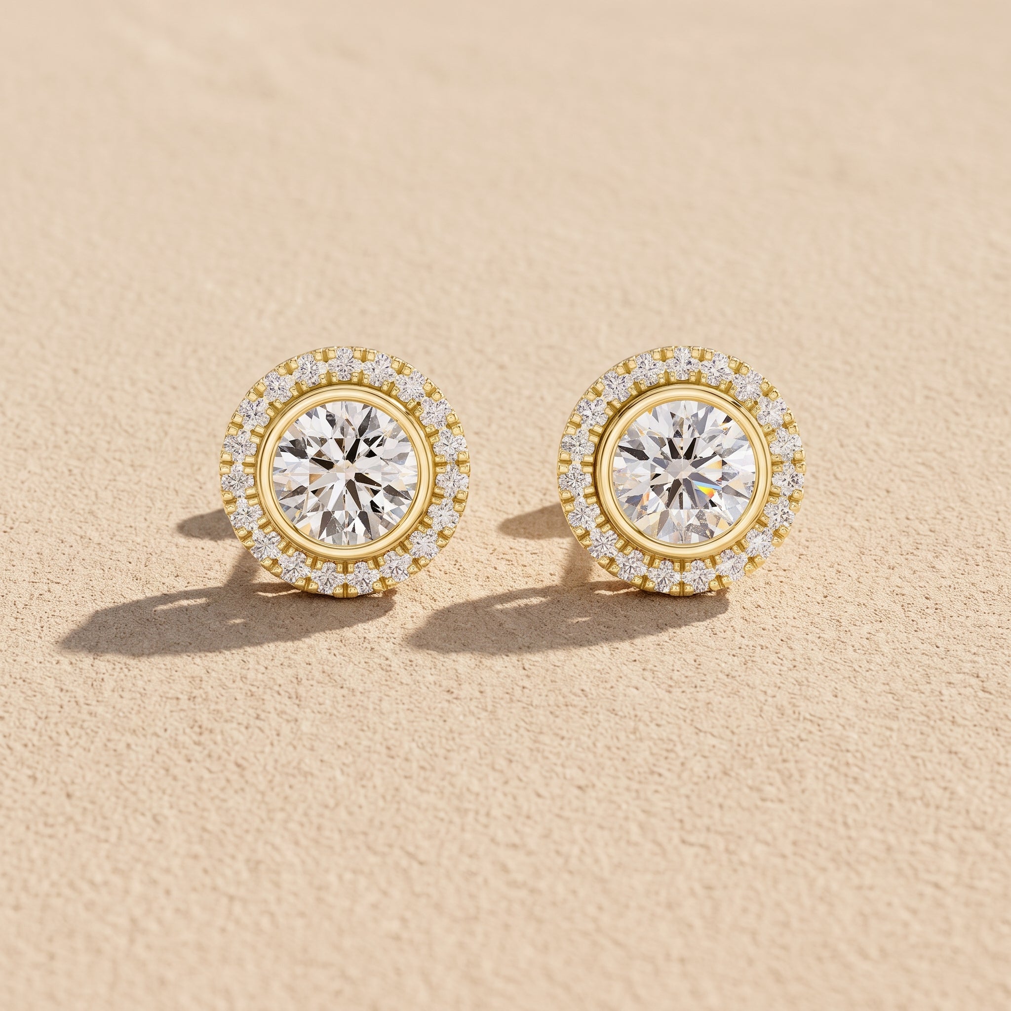Yellow Gold Round Moissanite Halo Stud Earrings