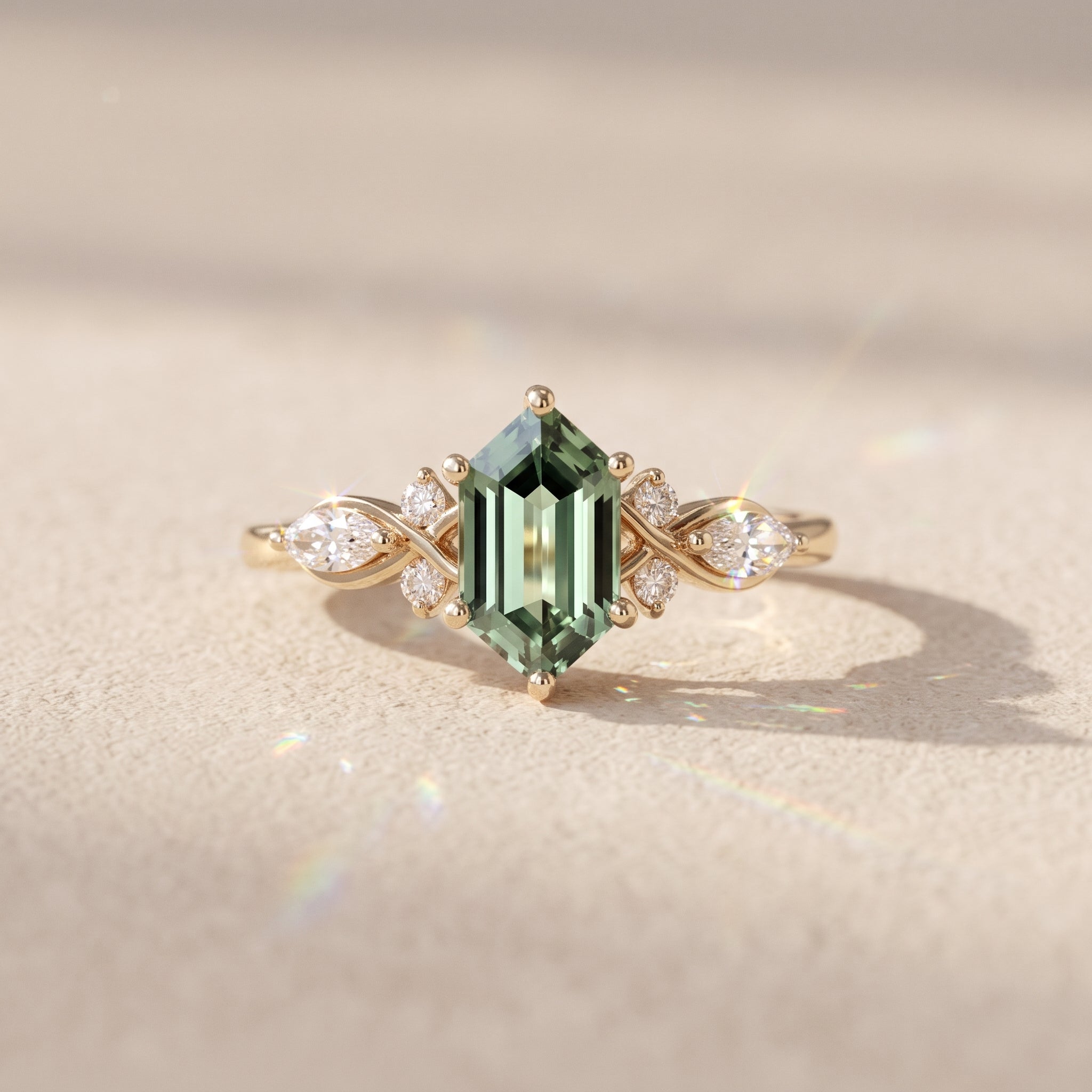 Yellow Gold Emerald Cut Moissanite Twisted Leaf Ring