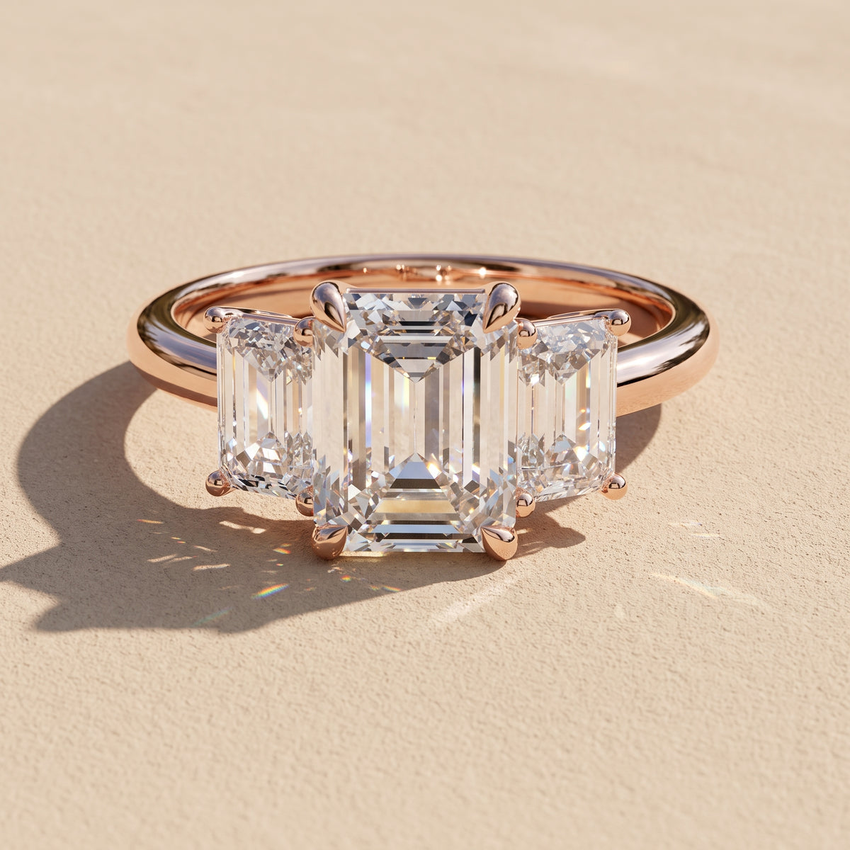 Rose Gold Emerald Cut Moissanite Three Stone Engagement Ring