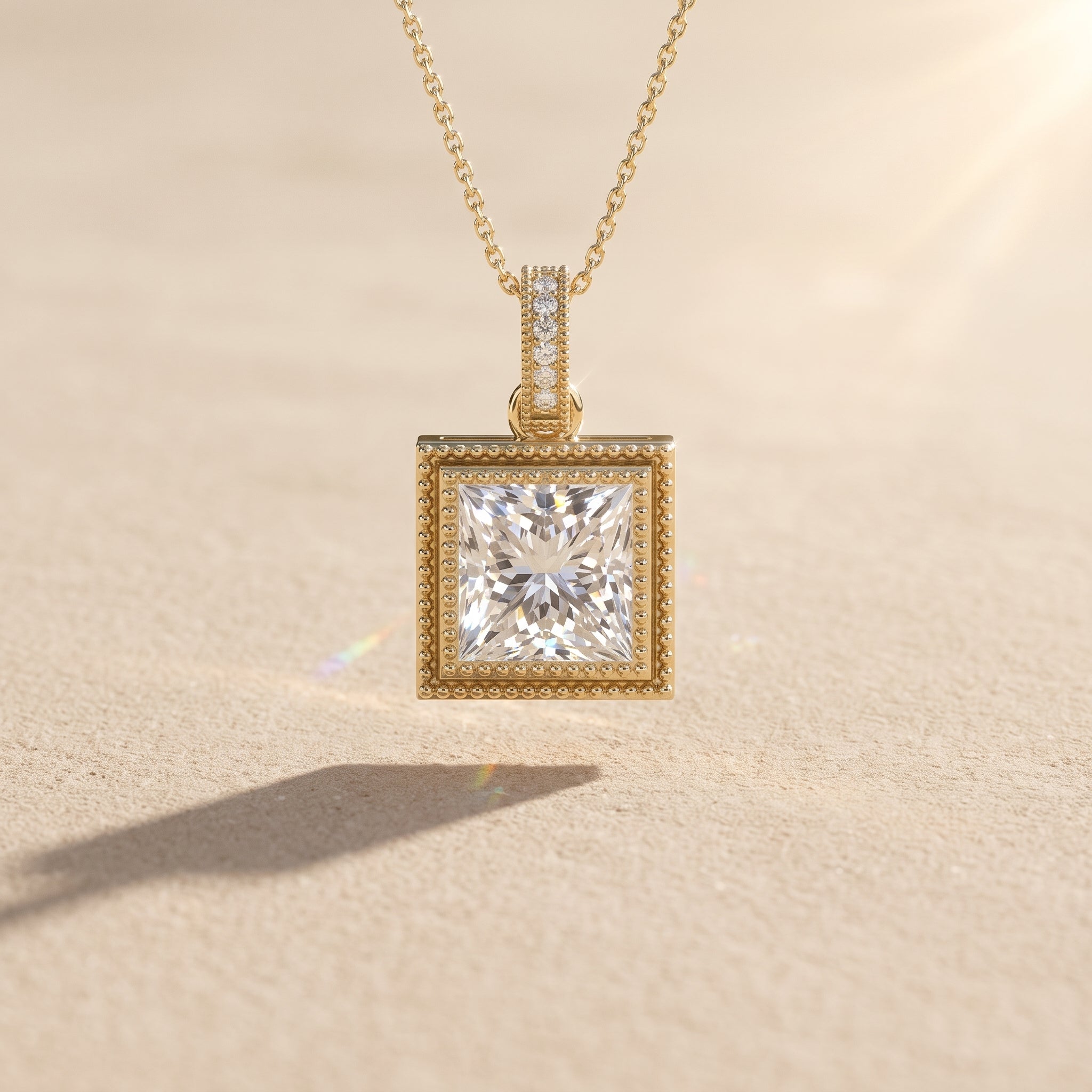 Yellow Gold Princess Cut Moissanite Square Pendant Necklace