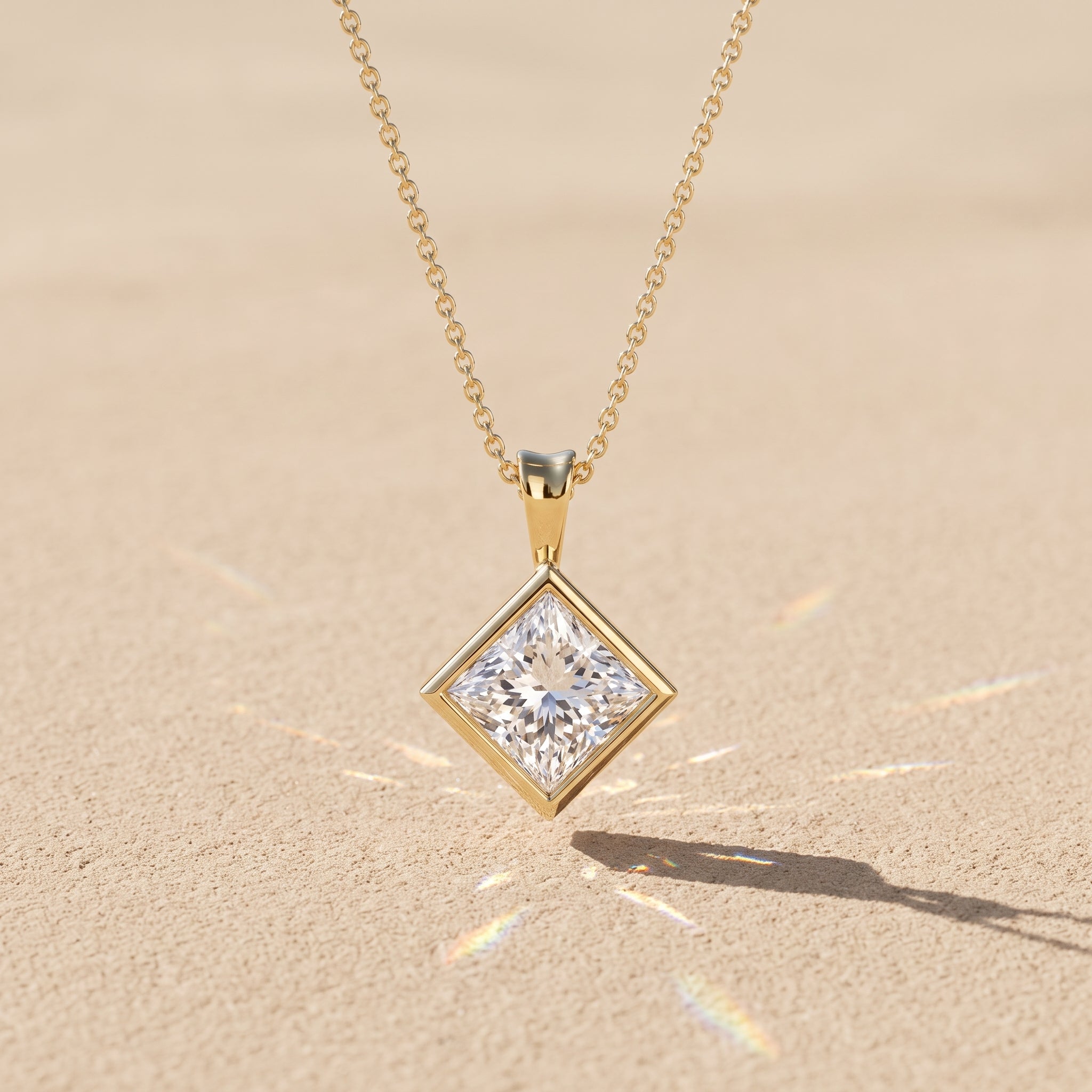 Yellow Gold Princess Cut Moissanite Pendant Necklace