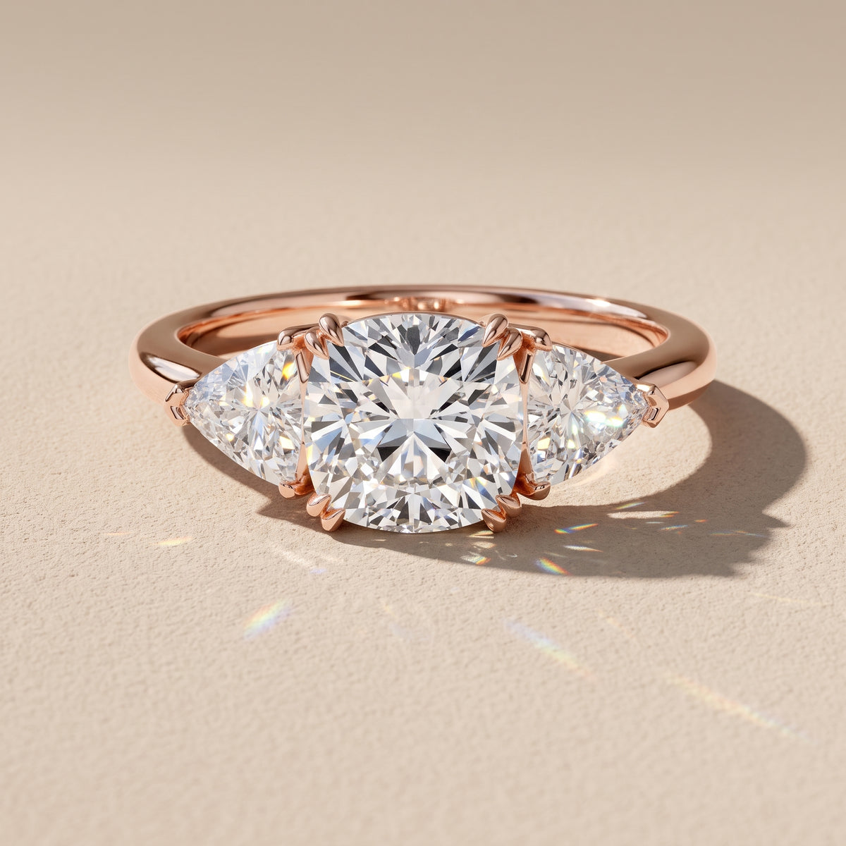 Rose Gold Cushion Cut Moissanite Three Stone Engagement Ring
