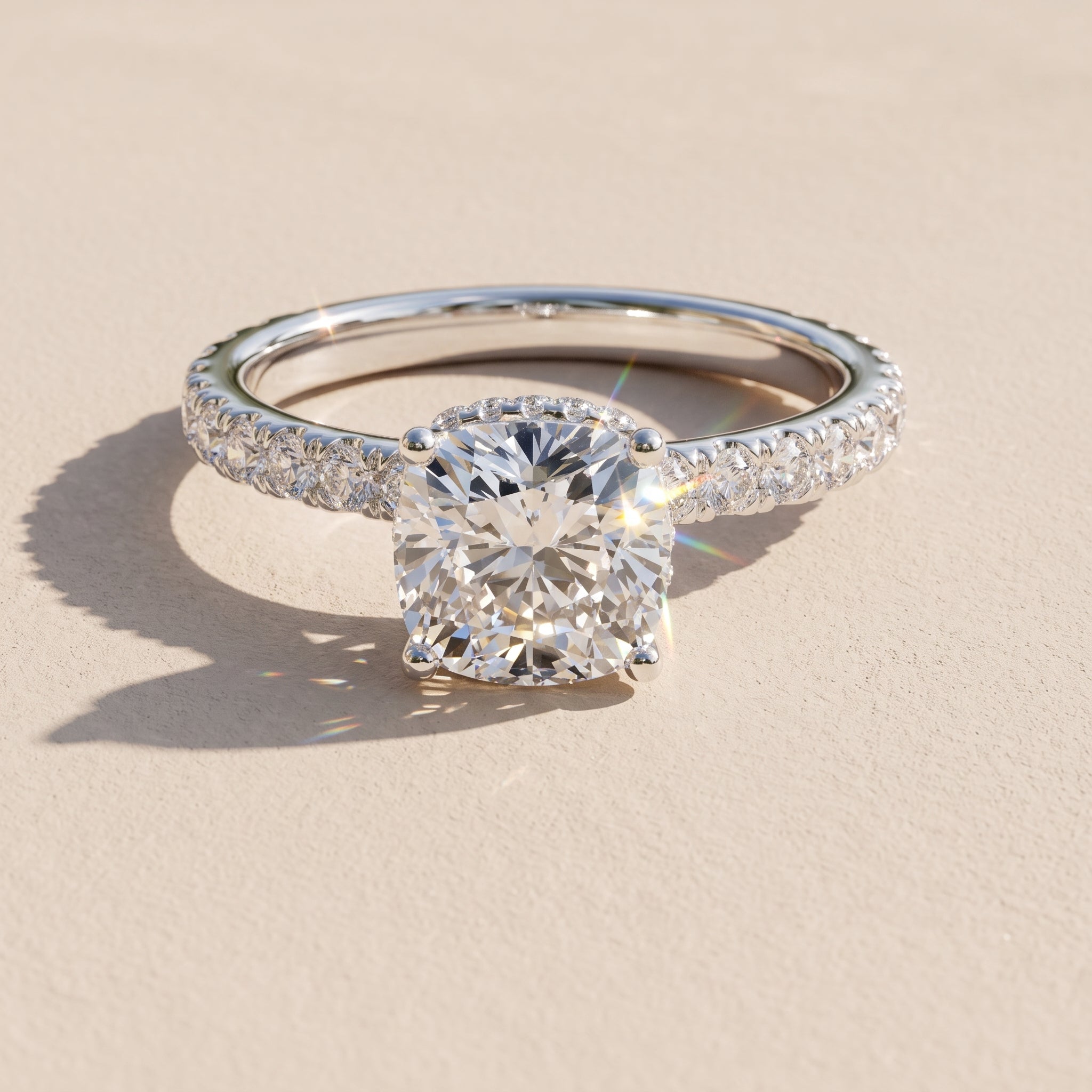 White Metal Cushion Cut Moissanite Engagement Ring with Pavé Band