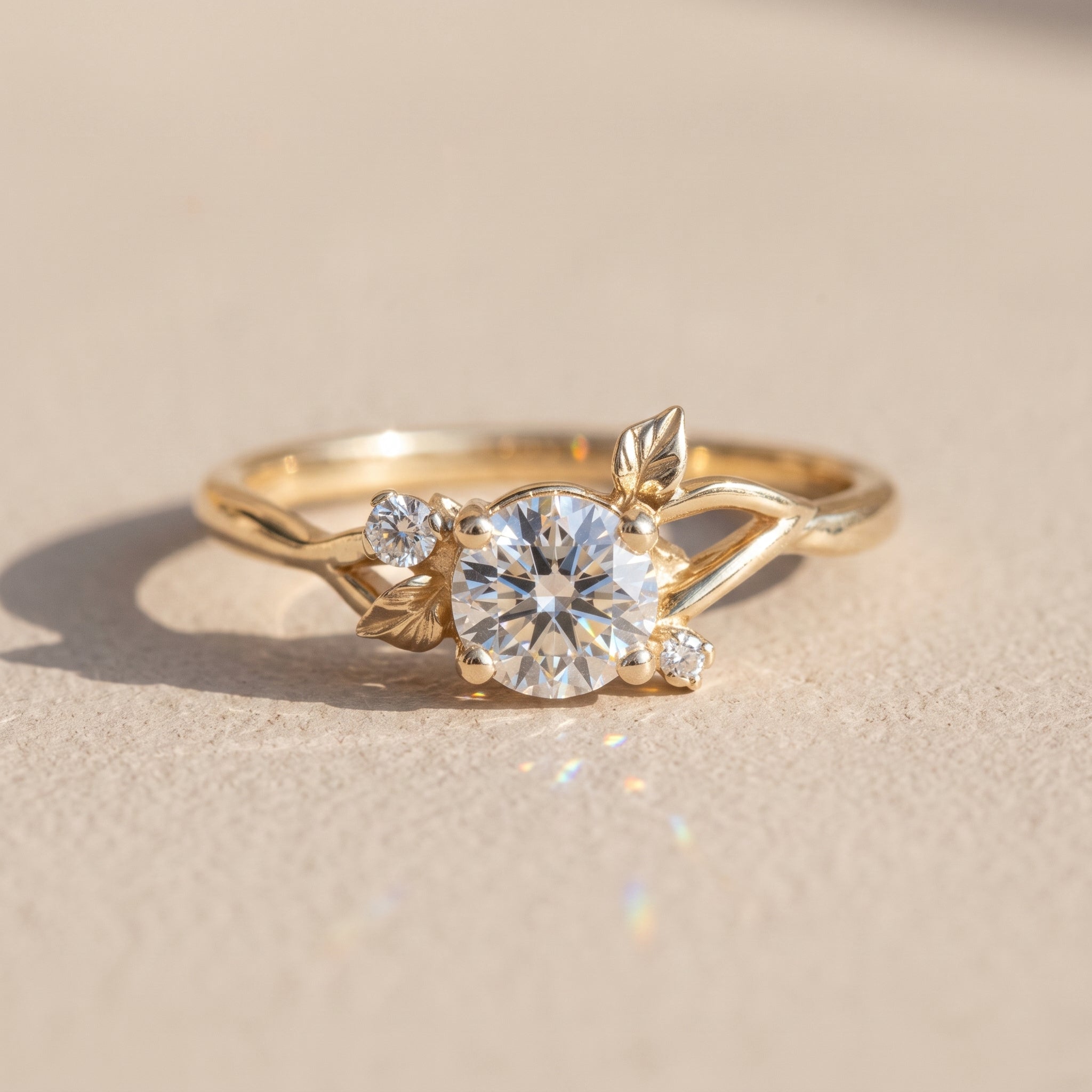 Yellow Gold Round Moissanite Leaf Engagement Ring