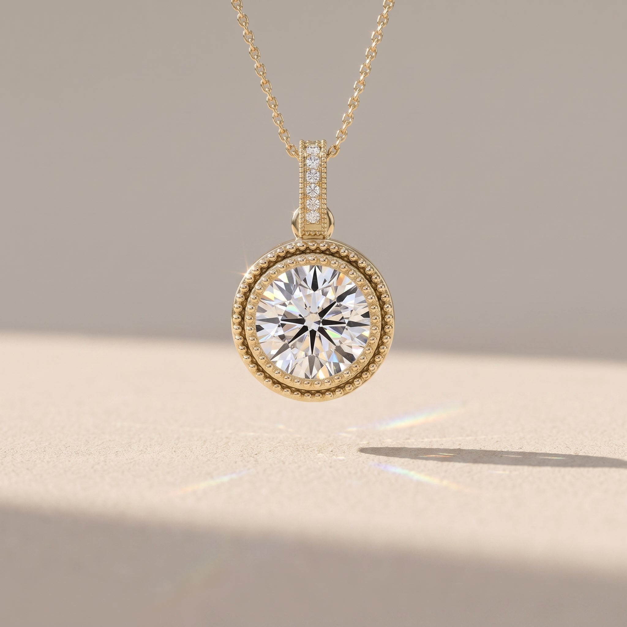 Yellow Gold Round Moissanite Bezel Pendant Necklace