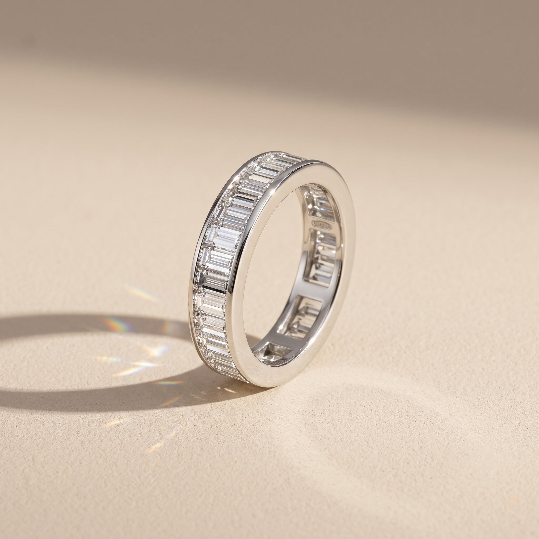 White Metal Baguette Cut Moissanite Eternity Band Ring