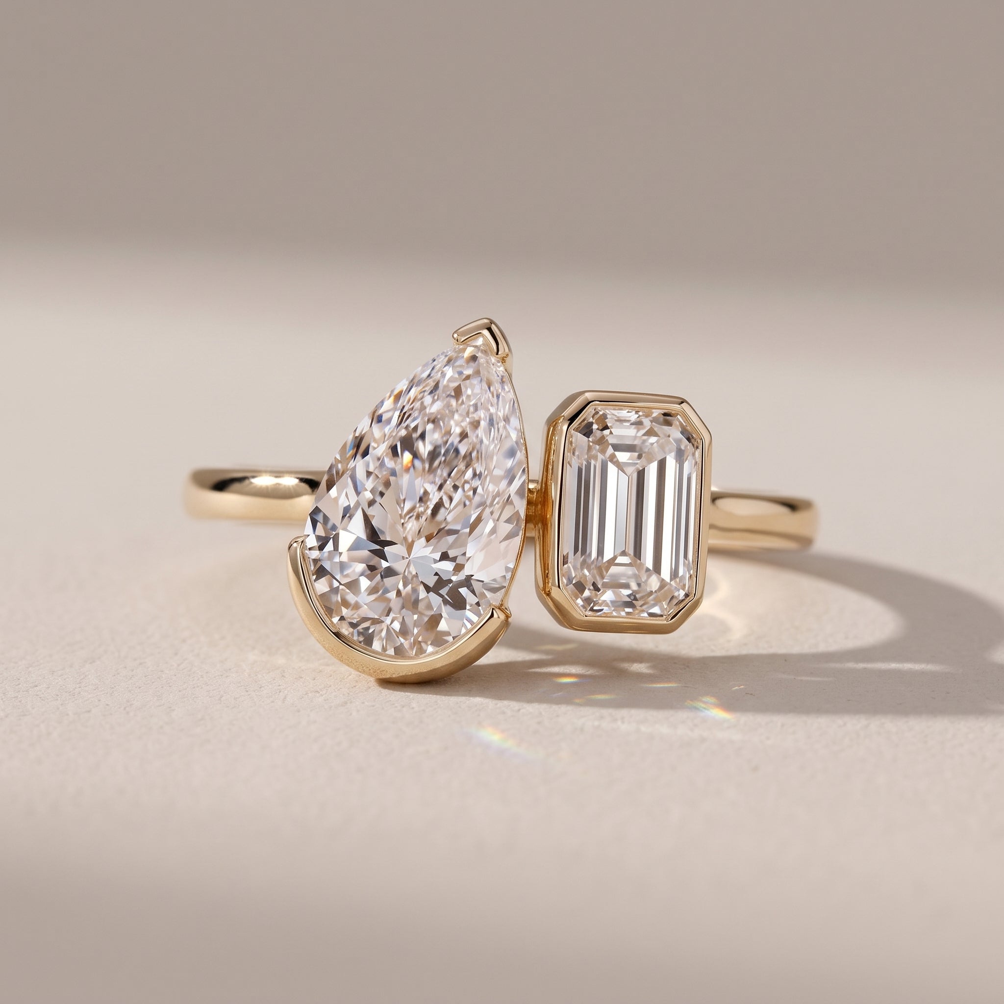 Rose Gold Pear & Emerald Cut Moissanite Open Ring