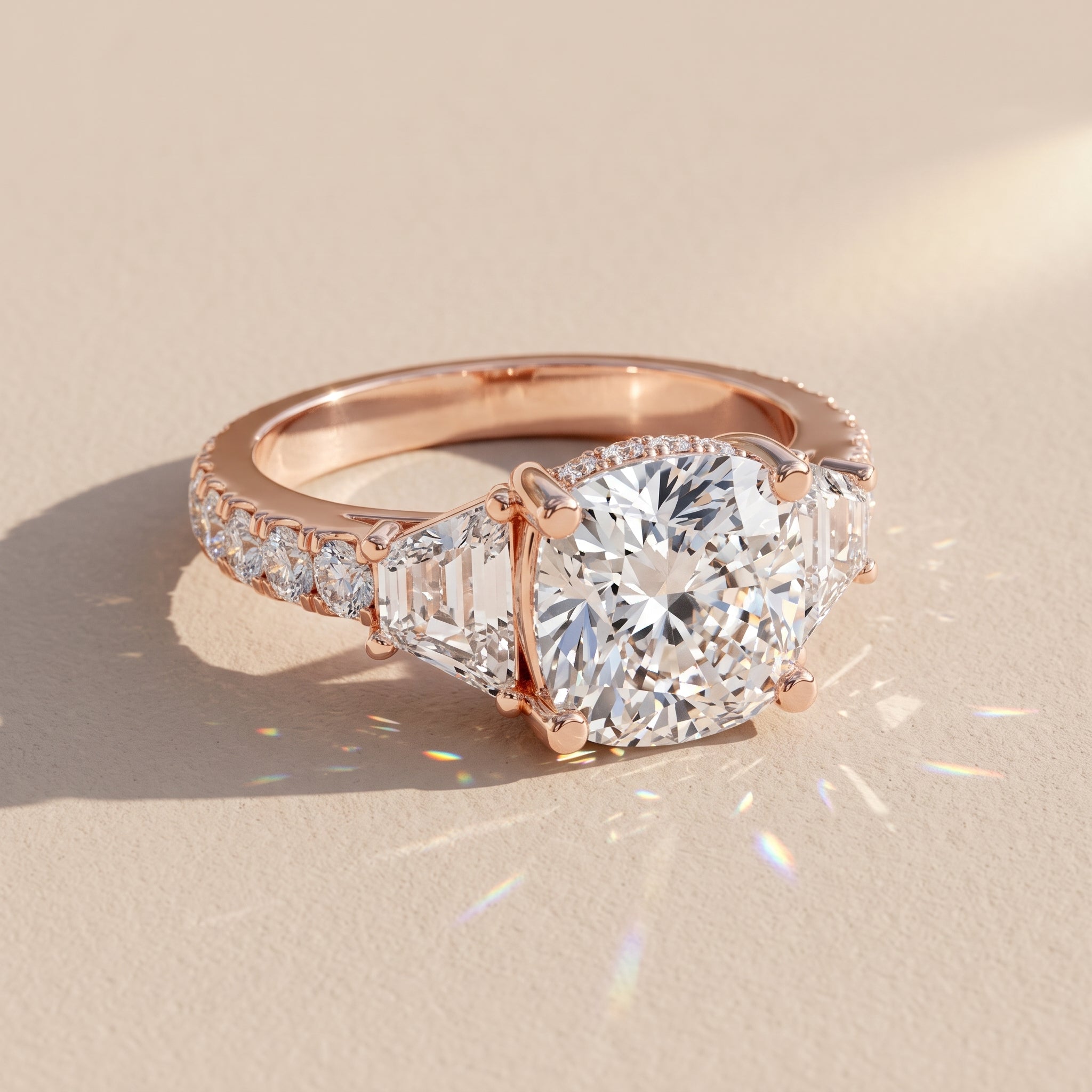 Rose Gold Round Moissanite Engagement Ring with Tapered Side Stones