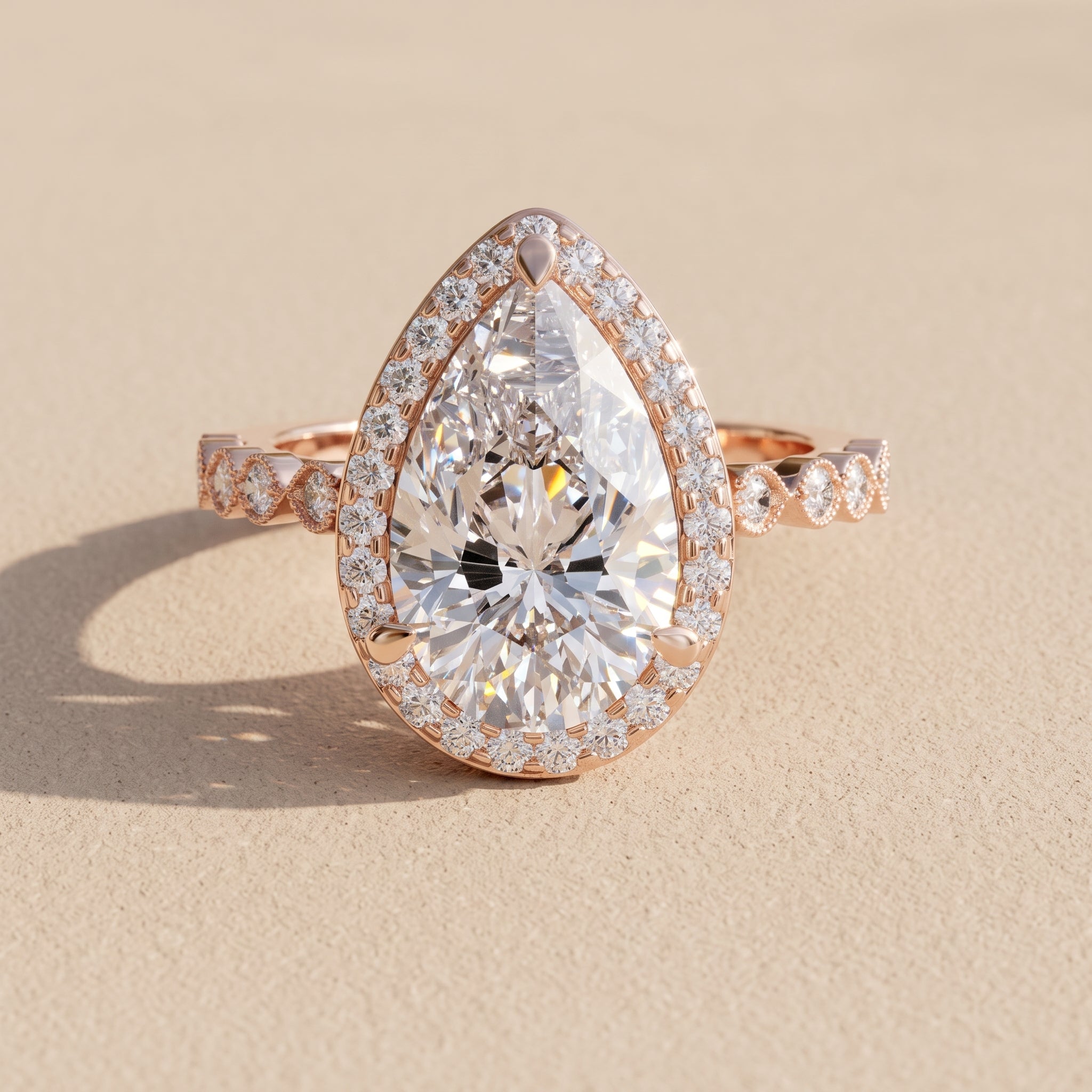 Rose Gold Pear Cut Moissanite Halo Engagement Ring