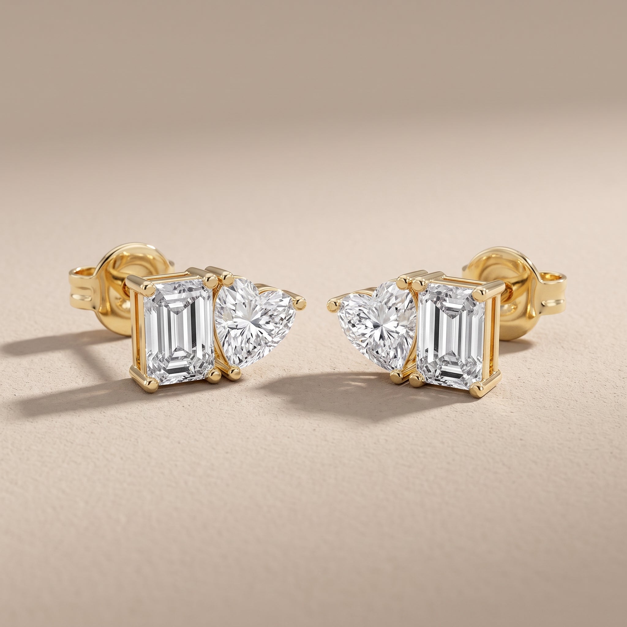 Yellow Gold Emerald Cut & Heart Moissanite Stud Earrings