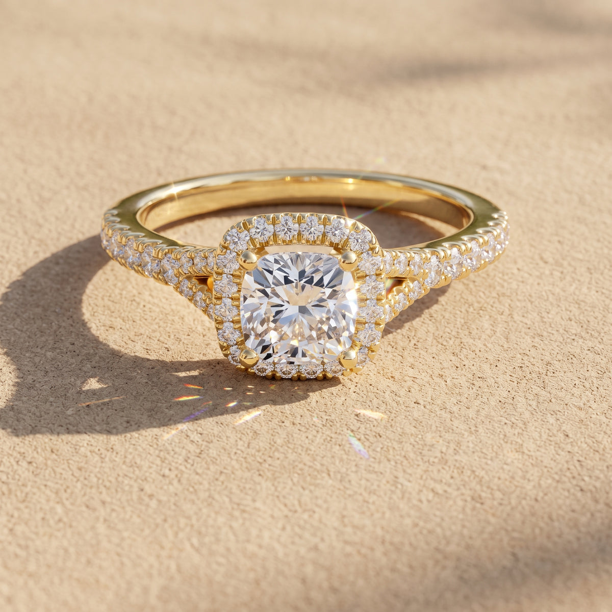 Yellow Gold Cushion Cut Moissanite Halo Engagement Ring