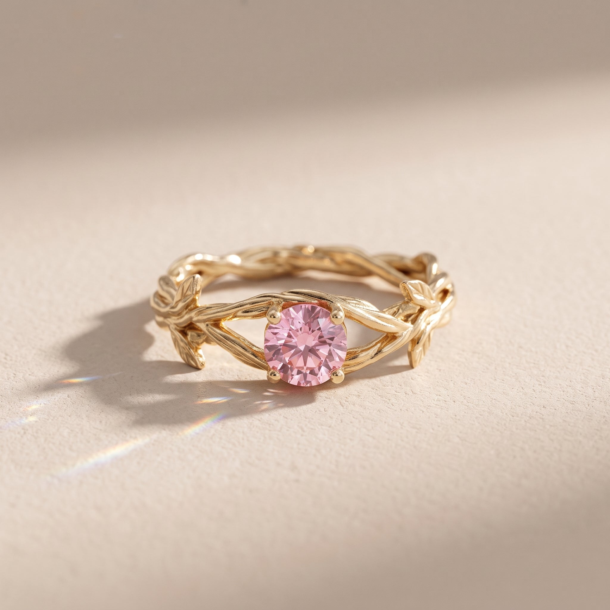 Yellow Gold Round Cut Moissanite Leaf Vine Ring