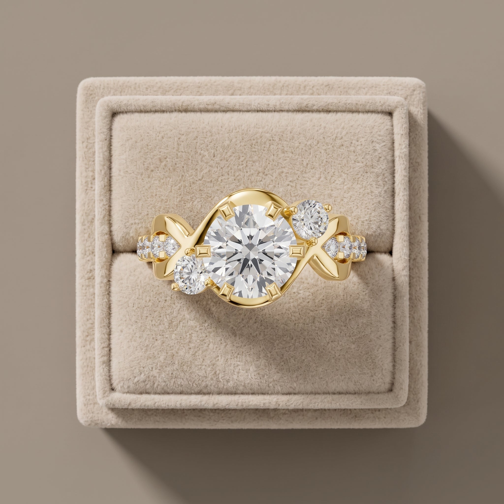 Yellow Gold Round Moissanite Twisted Three-Stone Engagement Ring
