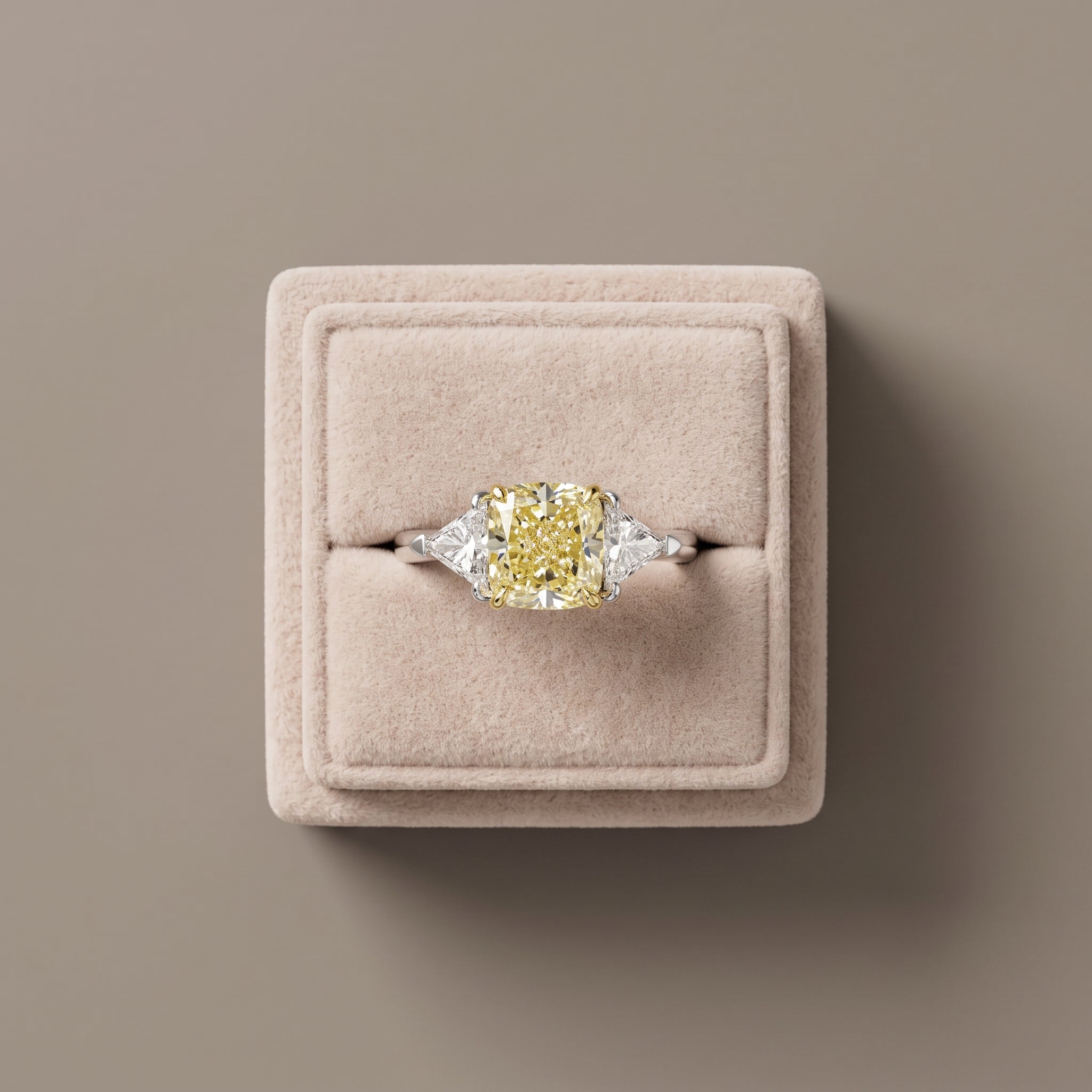 White Gold Cushion Cut Yellow Moissanite Three Stone Ring