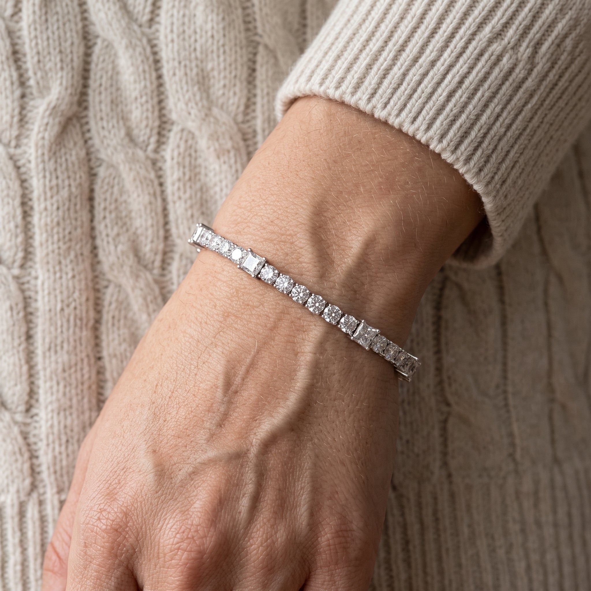 White Metal Round & Princess Cut Moissanite Tennis Bracelet